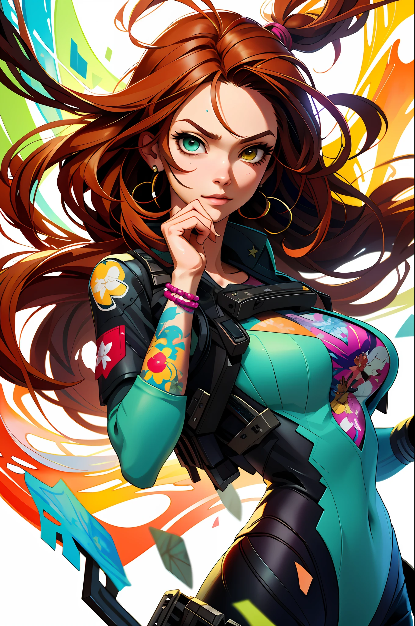 extraordinary ration, plano de fundo, misturado-Idioma_Texto, letras japonesas em graffit ,::yoji shinkawa style ::2.0 comix illustration style,tatoon style , comic book style ,beautiful woman with long hair rosa degradê ultra detailed, (beautiful and clear background:1.2),, fantastic paintings ,graffit style, flowers, olhos altamente detalhados , a t-shirt or dressed in a white blouse underneath, with both fists in a fighting position, and bracelets, fighting against an enemy, with long hair , stained glass colored, out, vibrant, alphonse mucha style, fantastic paintings by joe madura ,high quality, art,kelly brook beautiful woman with long rosa degradê hair , freedom digital illustration, comic style, perfect anatomy, centered, approaching perfection, dynamic, highly detailed, watercolor painting, artstation, concept art, smooth, sharp focus, illustration, art by carne griffiths and wadim kashin,big breast,alone airl with a medium lenght pose and cute clothes, short pastel , heterochromia, perfect anatomy, centered, approaching perfection, dynamic, highly detailed, character sheet, artstation, concept art, smooth, sharp focus, illustration, art by kim jung gi,, artgerm, carne griffiths and wadim kashin , sasha yakovleva, loish, jeremy mann, full body shot, character sheet, lightningwave, beautiful anime watercolor painting ,paint dripping by tim okamura, victor nizovtsev, greg rutkowski, noah bradley. trending on artstation, 8k, masterpiece, graffiti paint, fine detail, full of color, intricate detail, golden ratio illustration,monochromatic green background, masterpiece, best quality, high quality, highres, best quality, high resolution fix, bright amazing lighting, detail enhancement, best quality, high quality, highres, detail enhancement