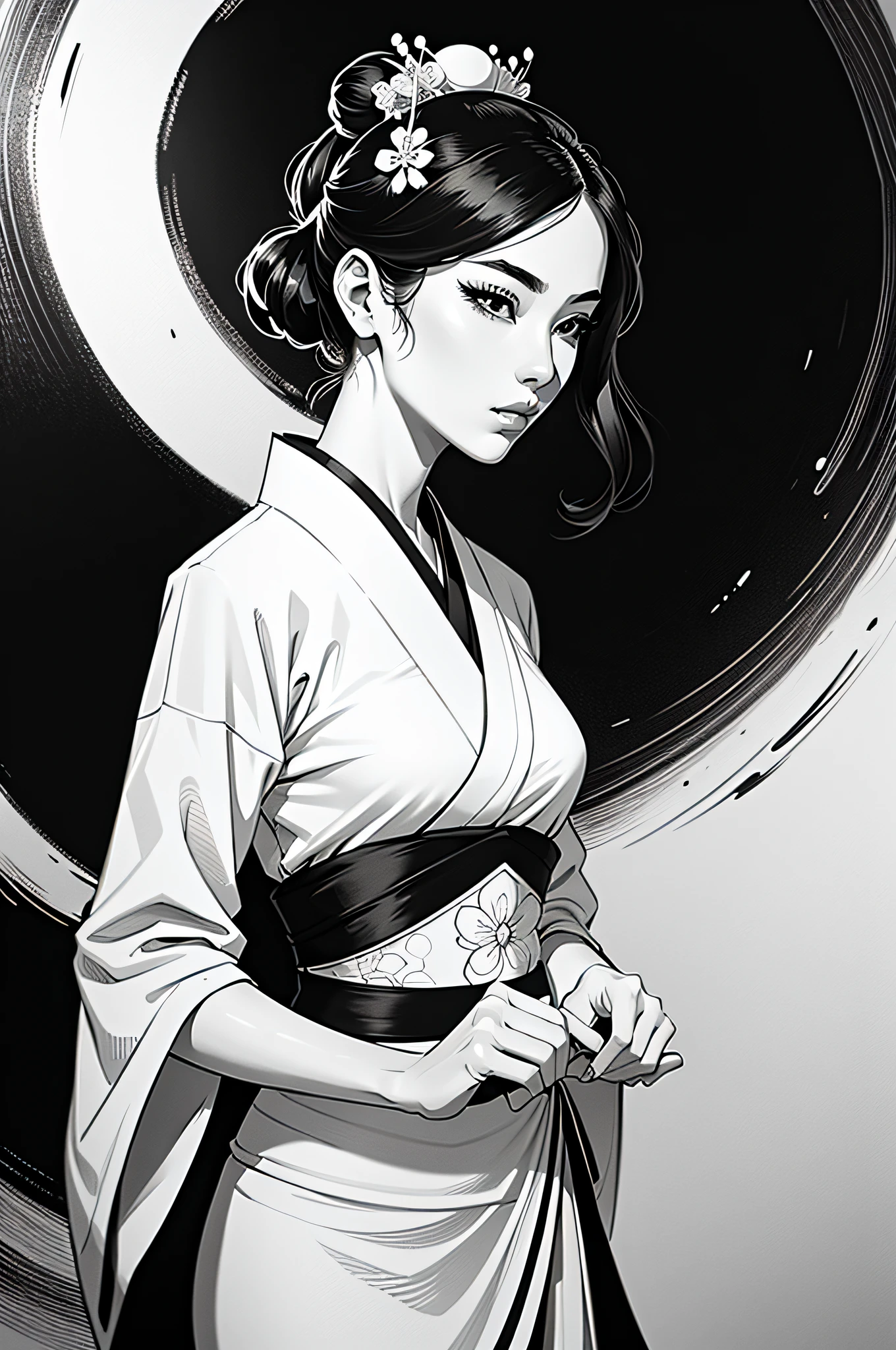 (comic style), (line drawings:1,5), (1 young woman:1,3), ((black and white)), Hanfu, geisha, ((Zen)), (masterpiece, top quality, best quality), extremely detailed background, good composition, good , perfect lighting, good shading, zen calligraphy, (realistic:1,3),