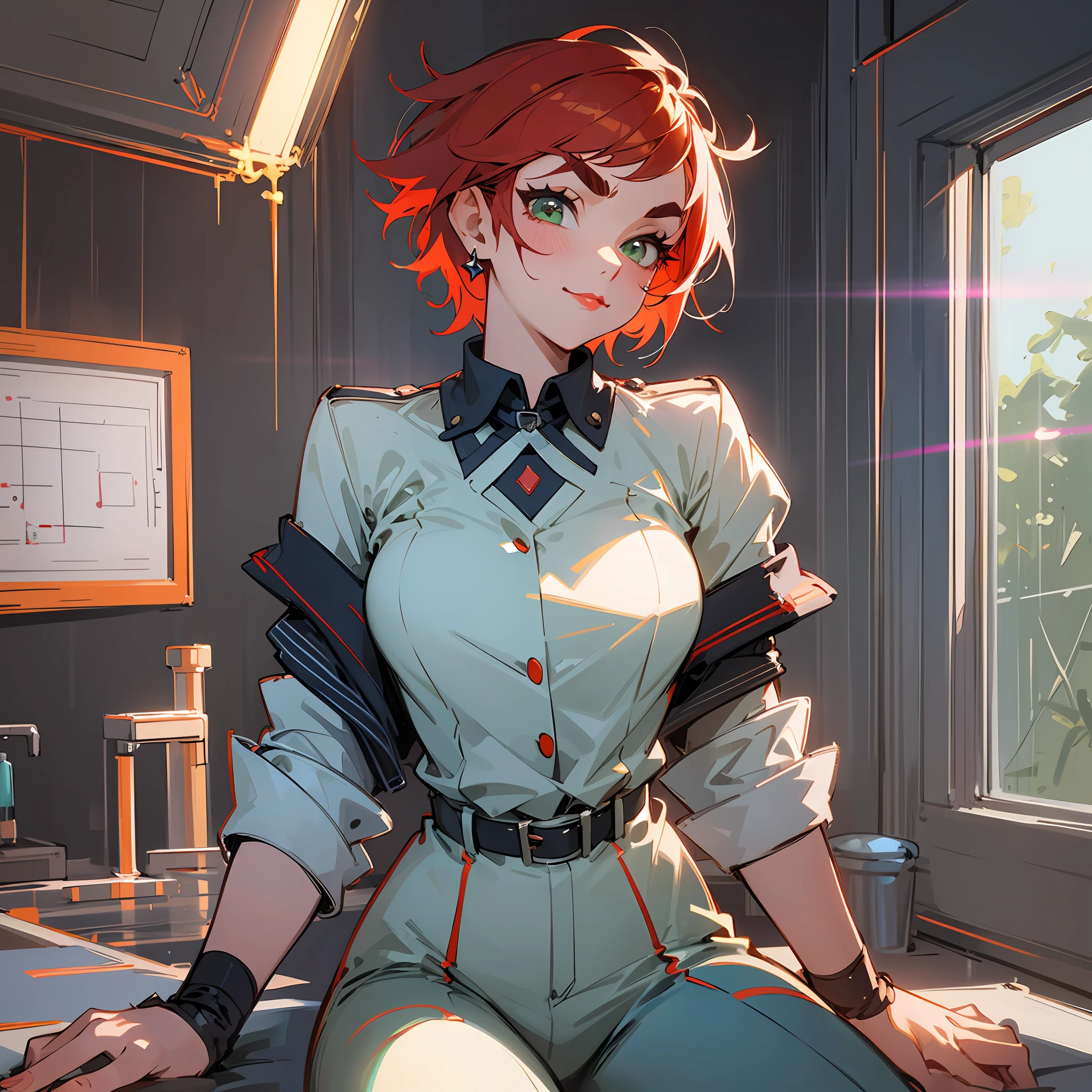 Anime portrait of a Original Character, Volumetric Lighting, Best Shadows, Portrait Of Stunningly adult woman, profissional cientist, atletic, Delicate Beautiful Attractive Face With serious lime green Eyes, perfect Painted Face, Sharp Eyebrows, Broadly Smiling, closed mouth, Lovely medium Breasts, big earing, red lipstick, short pixie messy dark blue with low red light Hair, Blush Eyeshadow, Thick Eyelashes, elegant red modern clothes, Slim Waist, red Pants, With Buckle Belt, in a laboratory, white light, science things all around, (Highest Quality, Amazing Details:1.25), (Solo:1.3), Brilliant Colorful Paintings --auto --s2