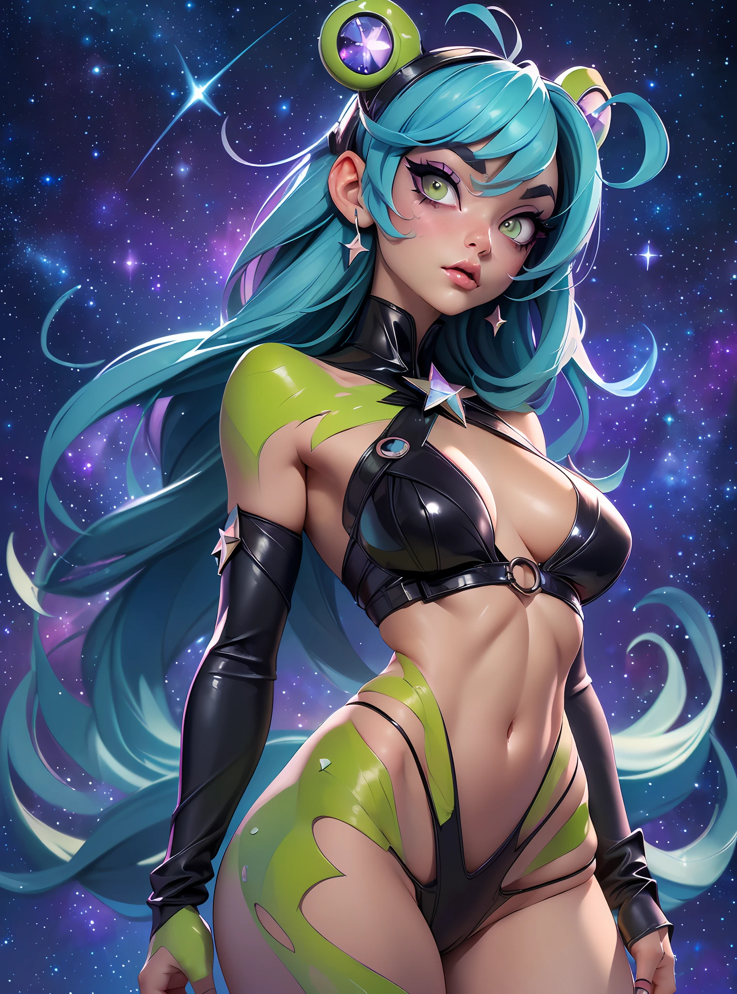 ((Best Quality)), ((Masterpiece)), ((Realistic)) and watercolor drawing of a frog-girl with goth colors. She has ((starlight hair)), wears a (small black micro-thong:star motif ) (bare navel) , ((beautiful and aesthetic)), muscular fit body abs, sexy, under-boobs, hot, (star filled sky background) (clear background:1.35), (particles ,firefly, blue glowing):1.3,