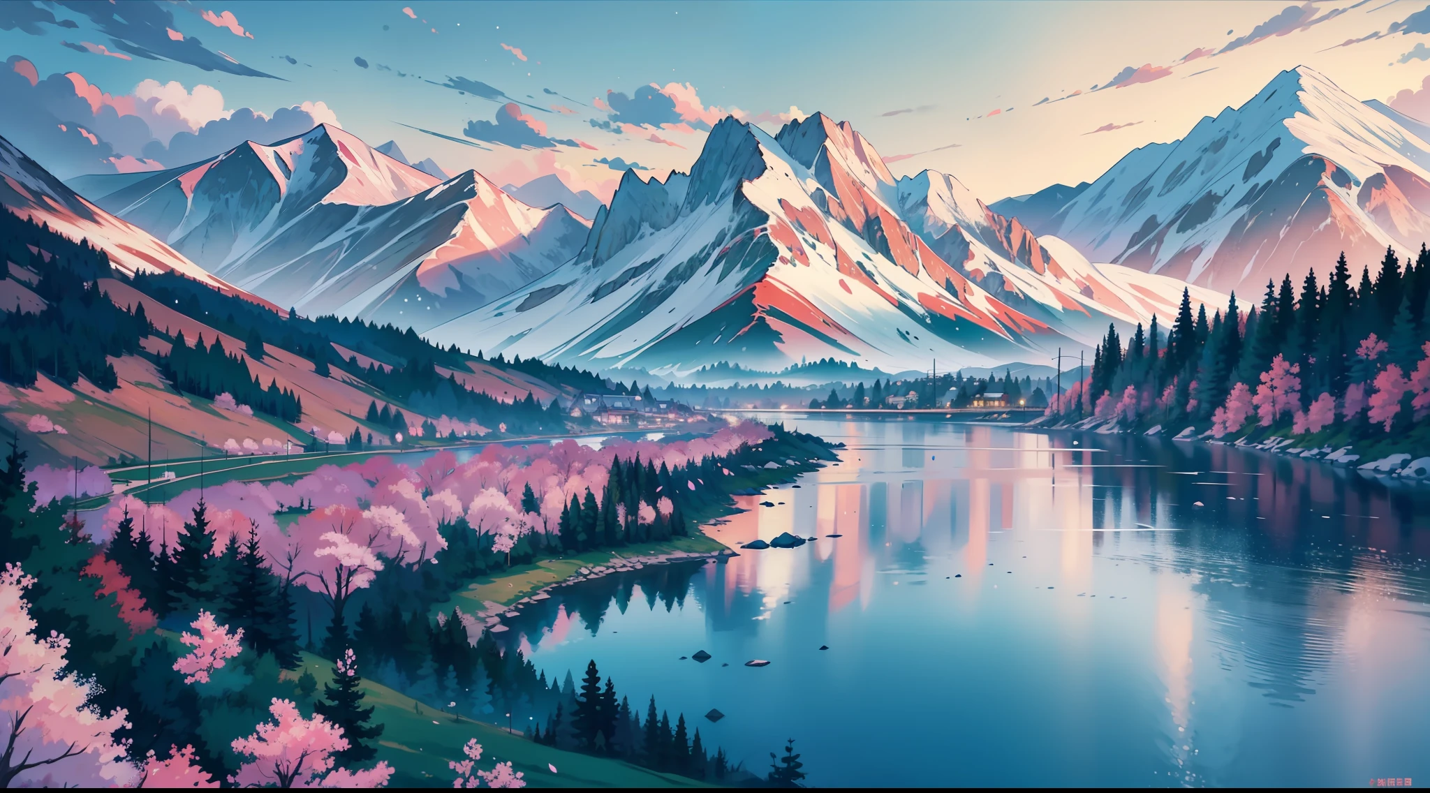 landscape, nature, sakura tree, wind, winter, mountain range, mountain sitting near mountain, detailed water, peaceful, green grass, castle, extremely detailed, depth of field, cinematic lighting, Ghibli-like colours, high detail, scenery, high place, horizon, wind, wind blow, 8k, bokeh, award winning, (masterpiece:1.2), best quality, no humans
