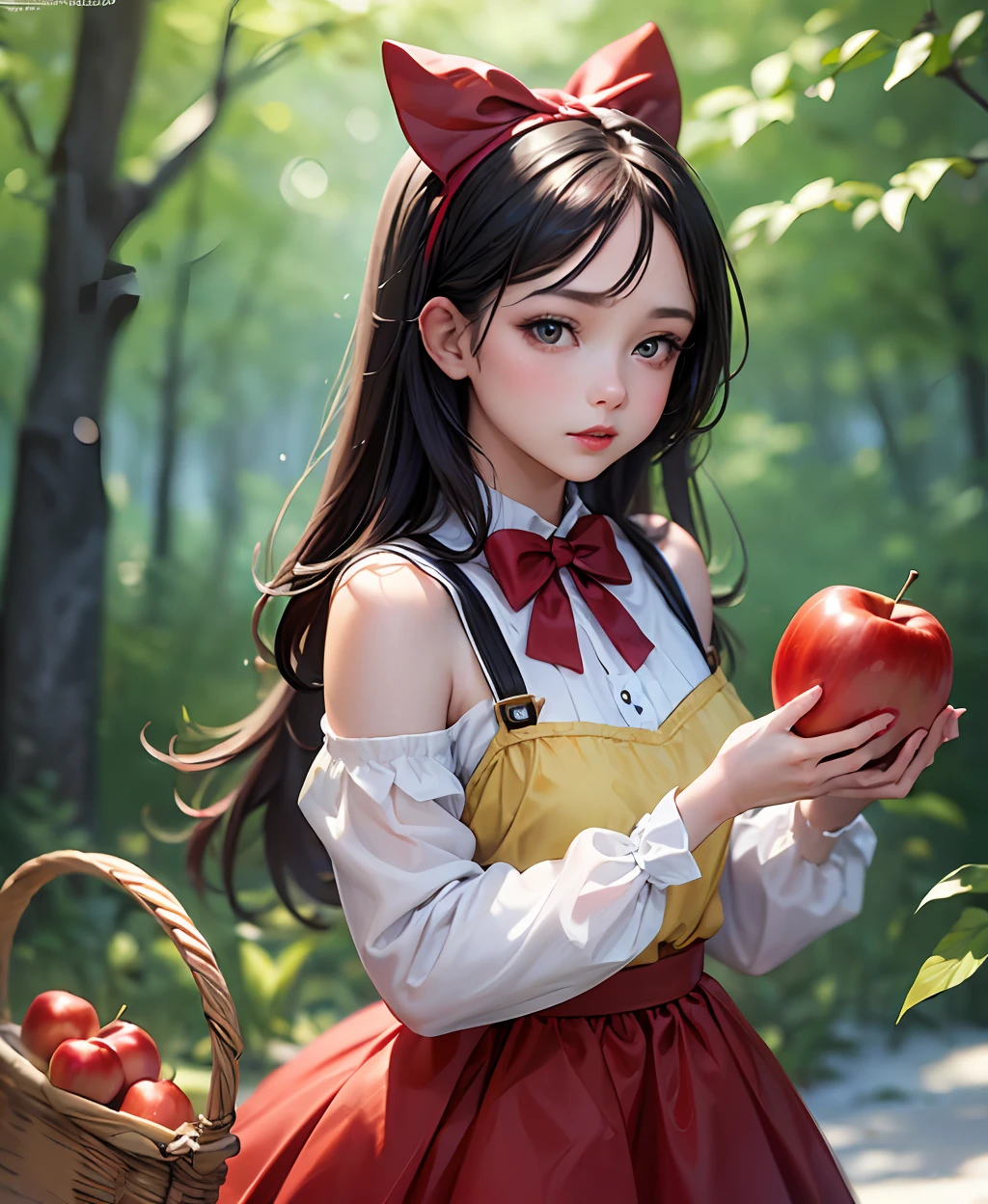 ((best quality)), ((ultra-detailed))). (((Masterpiece))), illustration, Snow White, a beautiful young woman with ebony hair, ruby red lips, fair skin, wearing a flowing blue and yellow dress with a red bow and holding a basket of red apples in her hand, standing in the forest with many animals around.