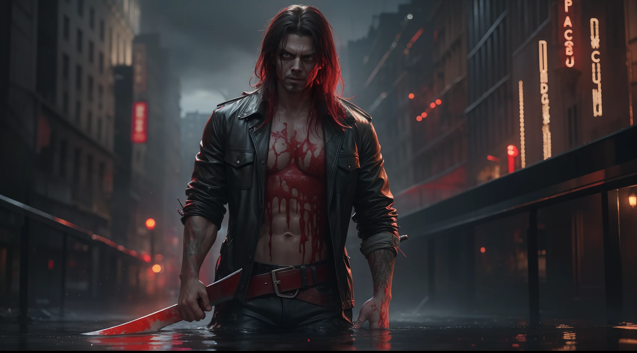 Award-winning photo from the waist up, a zombie in a city with red water, raining, holding an axe, hyperrealism, strong impressionist painting style, 1,618, elegant, ethereal, intricate, elaborate, hyper-realism, hyper-detailed, strong expressiveness and emotionality, cinematic lighting, visual clarity