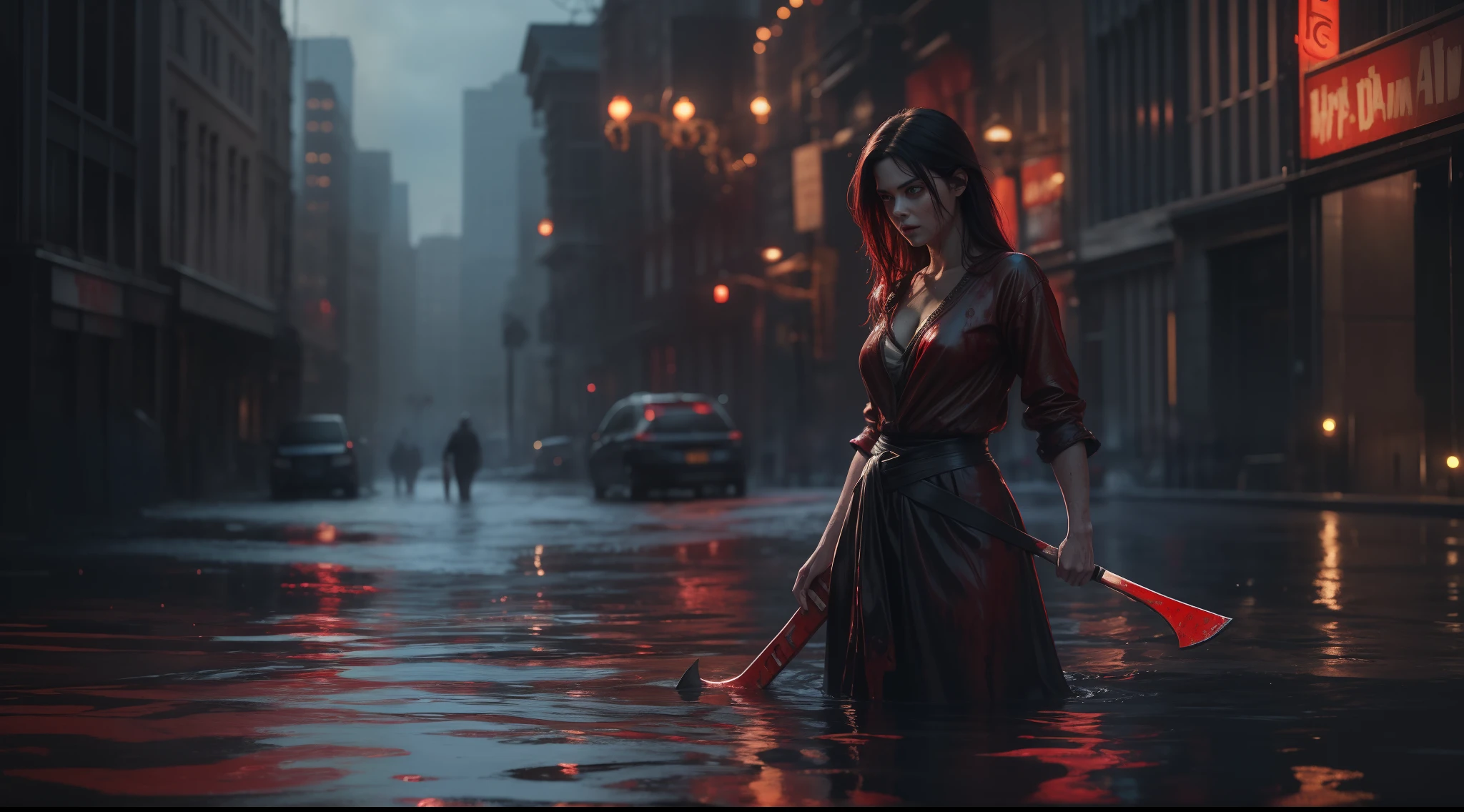 Award-winning photo from the waist up, a zombie in a city with red water, raining, holding an axe, hyperrealism, strong impressionist painting style, 1,618, elegant, ethereal, intricate, elaborate, hyper-realism, hyper-detailed, strong expressiveness and emotionality, cinematic lighting, visual clarity