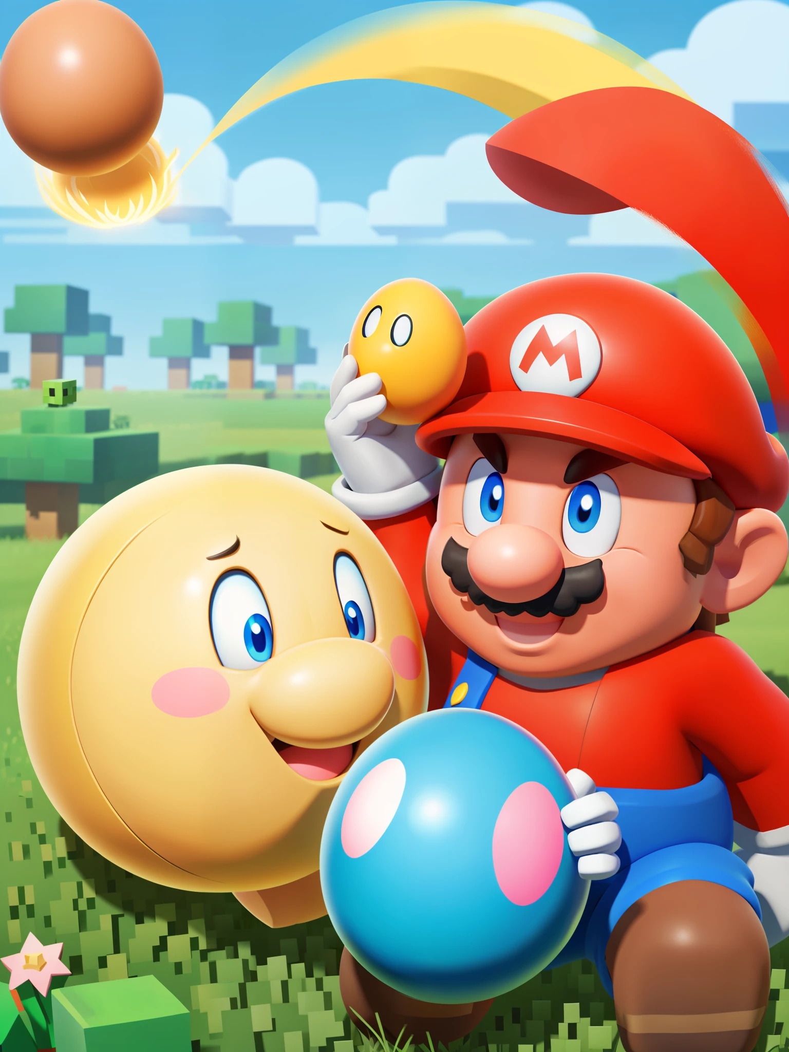 Kirby with mario and an egg from minecraft