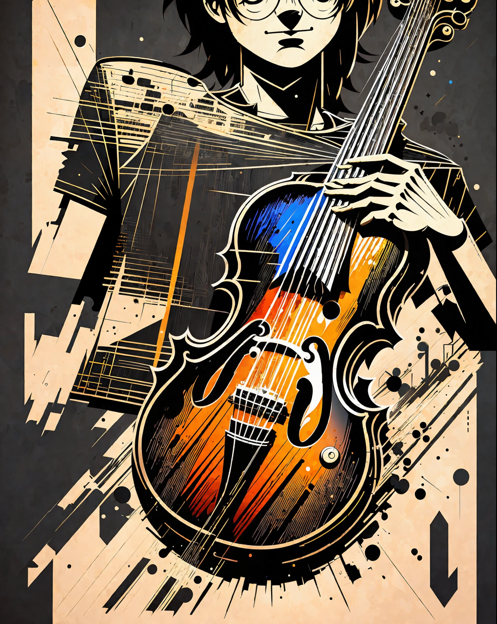 T-shirt art, 2D, ((black background: 1, 5)), vector, vivid colors, a violin in a dystopian setting, well-detailed violin masterpiece, best quality, intricate details, perfect symmetrical face, rock and roll theme , rim light, moonlight , cinematic shading, Greg Rutkowisk --auto --s2