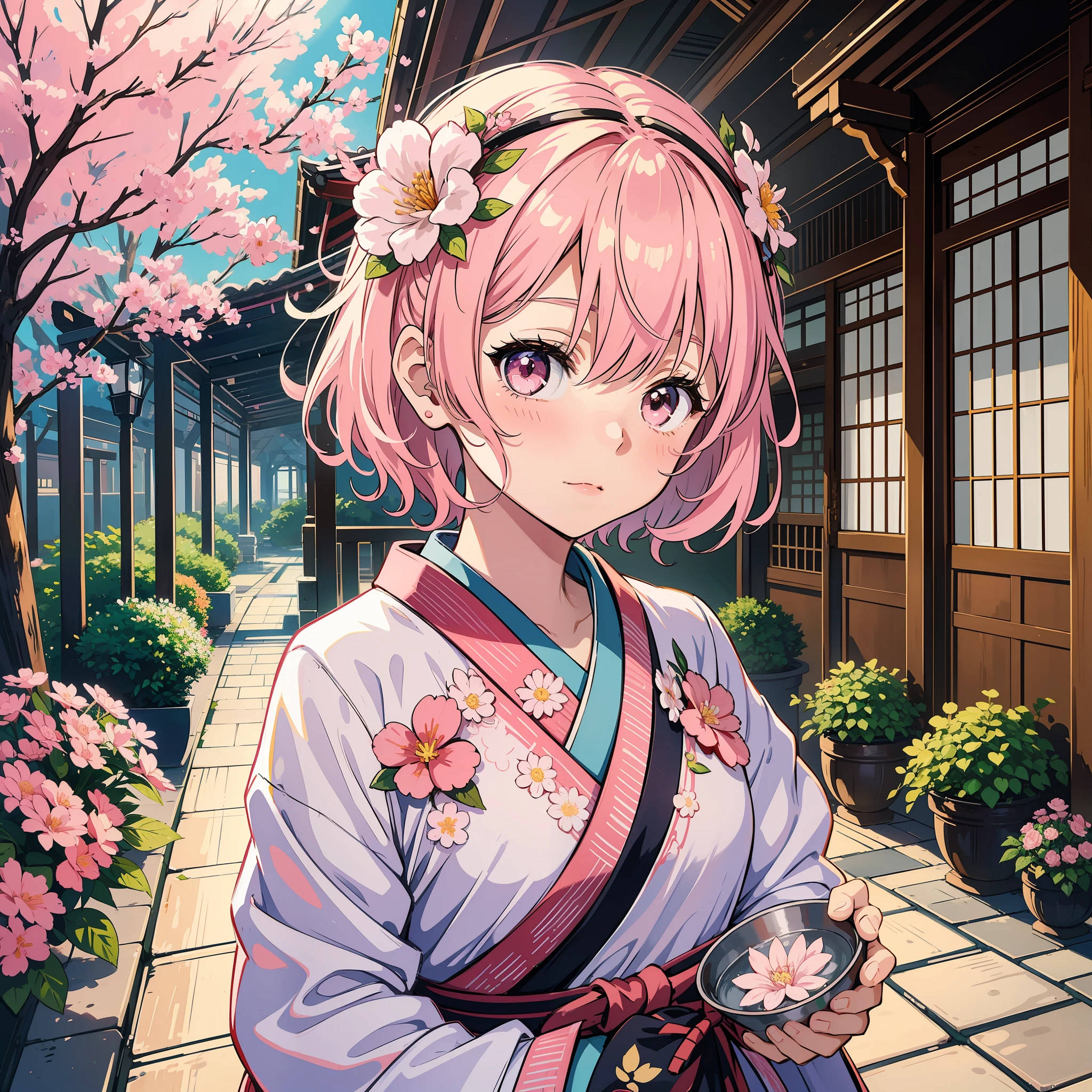 Meet a charming anime-style girl with short pink hair, adorned with a delicate flower on her head, as she dons a traditional Japanese school uniform, exuding a mix of innocence and elegance. (Kawaii, traditional schoolgirl charm), [[Niji:5.2]]