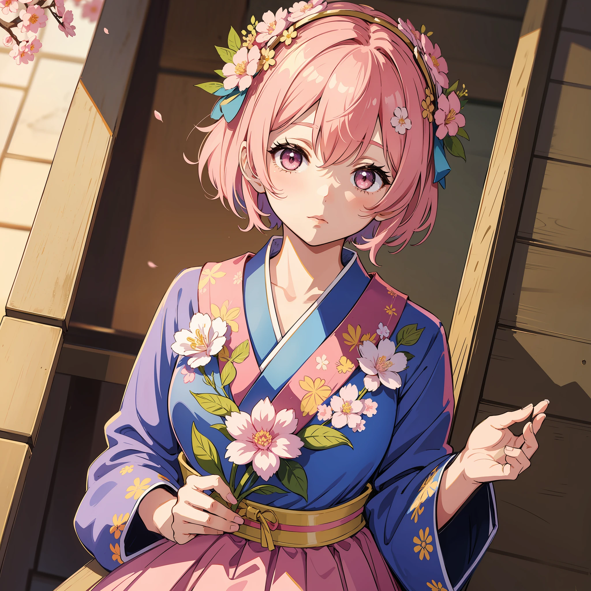 Meet a charming anime-style girl with short pink hair, adorned with a delicate flower on her head, as she dons a traditional Japanese school uniform, exuding a mix of innocence and elegance. (Kawaii, traditional schoolgirl charm), [[Niji:5.2]]