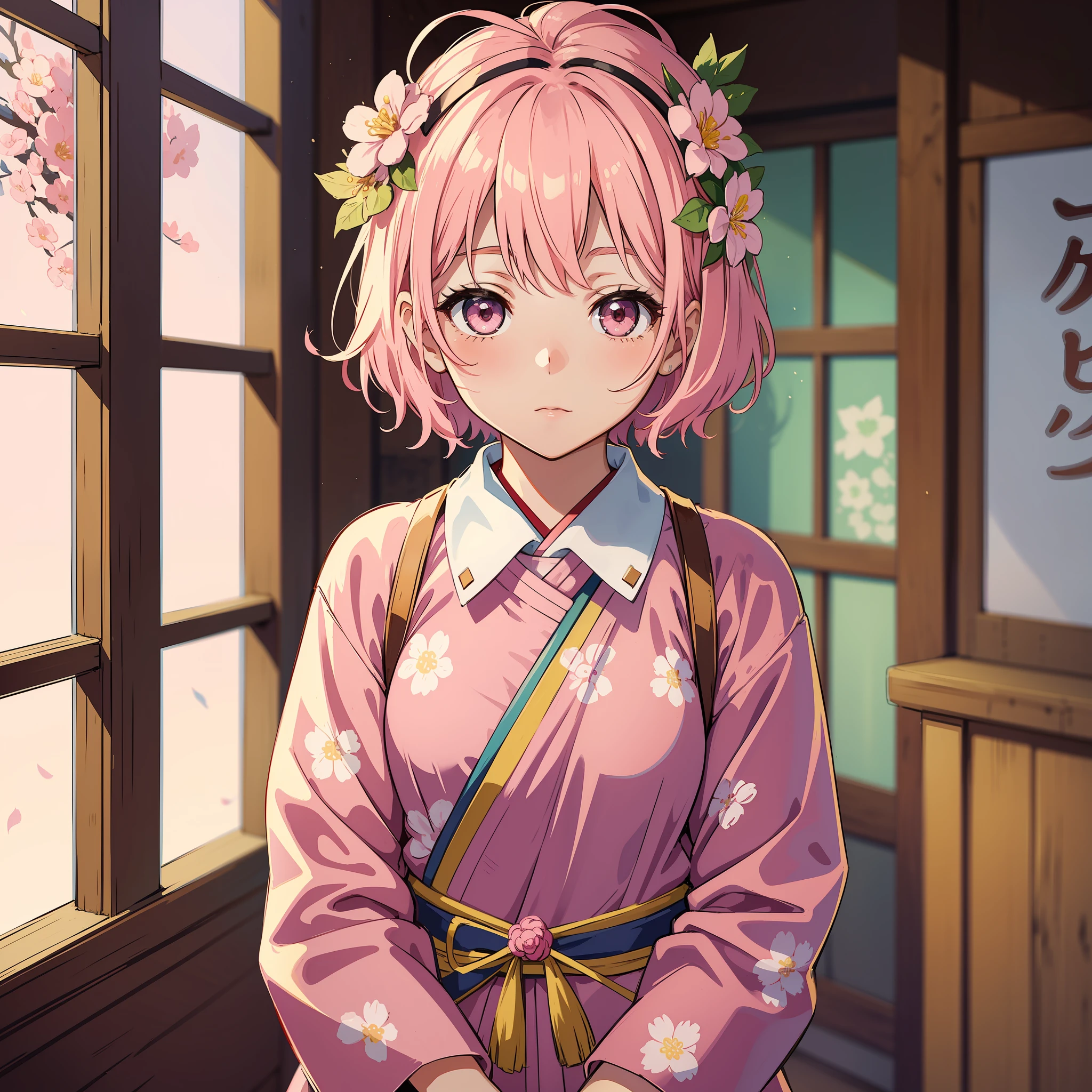 Meet a charming anime-style girl with short pink hair, adorned with a delicate flower on her head, as she dons a traditional Japanese school uniform, exuding a mix of innocence and elegance. (Kawaii, traditional schoolgirl charm), [[Niji:5.2]]