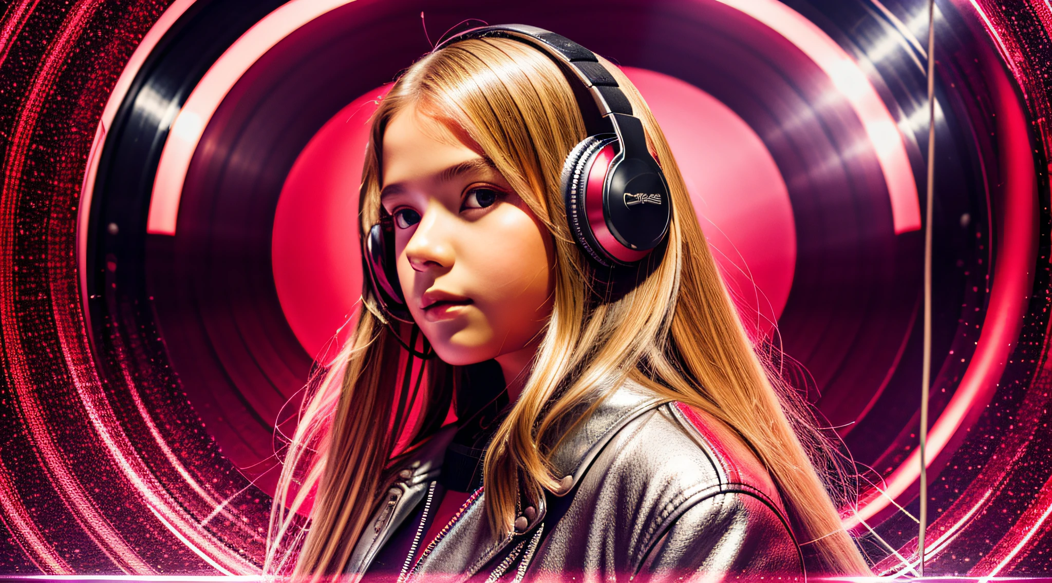 GIRL child 12 years old, RUSSIAN BLONDE long hair and headphones, portrait, SILVER LEATHER JACKET, VINYL AND CDS red background. --auto --s2