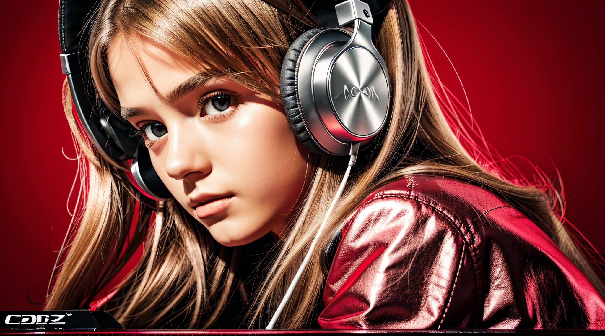 GIRL child 12 years old, RUSSIAN BLONDE long hair and headphones, portrait, SILVER LEATHER JACKET, VINYL AND CDS red background. --auto --s2