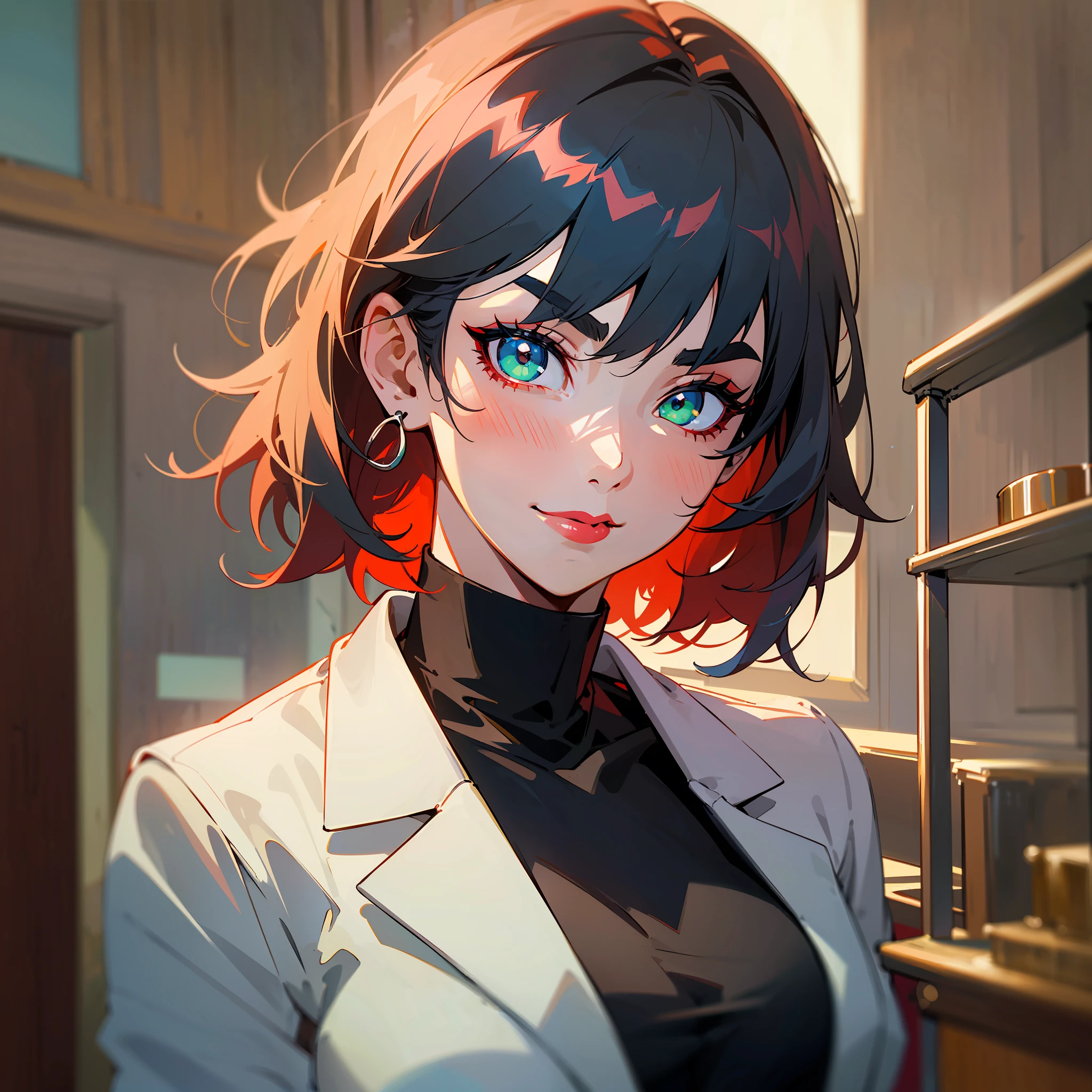 Anime portrait of a Original Character, Volumetric Lighting, Best Shadows, Portrait Of Stunningly adult woman, profissional cientist, atletic, strong Beautiful Attractive Face With serious lime green Eyes, perfect Painted Face, Slim Eyebrows, Broadly Smiling, closed mouth, Lovely medium Breasts, big earing, red lipstick, short pixie messy dark blue Hair, Blush Eyeshadow, Thick Eyelashes, elegant red modern clothes, Slim Waist, red Pants, With Buckle Belt, in a laboratory, white light, science things all around, (Highest Quality, Amazing Details:1.25), (Solo:1.3), Brilliant Colorful Paintings --auto --s2