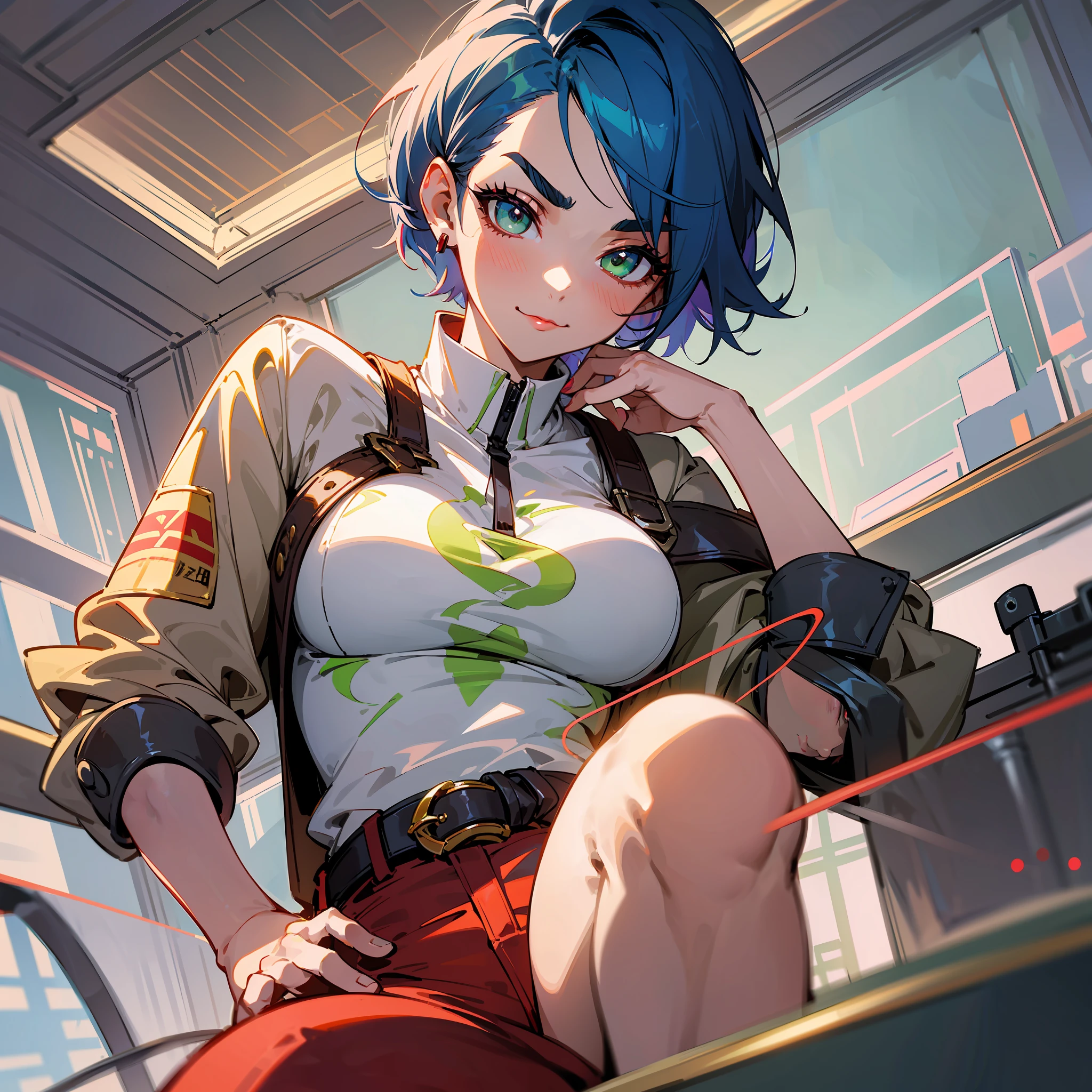 Anime realistc portrait of a Original Character, NSFW, Volumetric Lighting, Best Shadows, Portrait Of Stunningly adult woman, profissional cientist, atletic, strong Beautiful Attractive Face With serious lime green Eyes, perfect Painted Face, Slim Eyebrows, Broadly Smiling, closed mouth, Lovely medium Breasts, big earing, red lipstick, short pixie messy dark blue Hair, Blush Eyeshadow, Thick Eyelashes, elegant red modern clothes, Slim Waist, red Pants, With Buckle Belt, in a laboratory, white light, science things all around, (Highest Quality, Amazing Details:1.25), (Solo:1.3), Brilliant Colorful Paintings --auto --s2