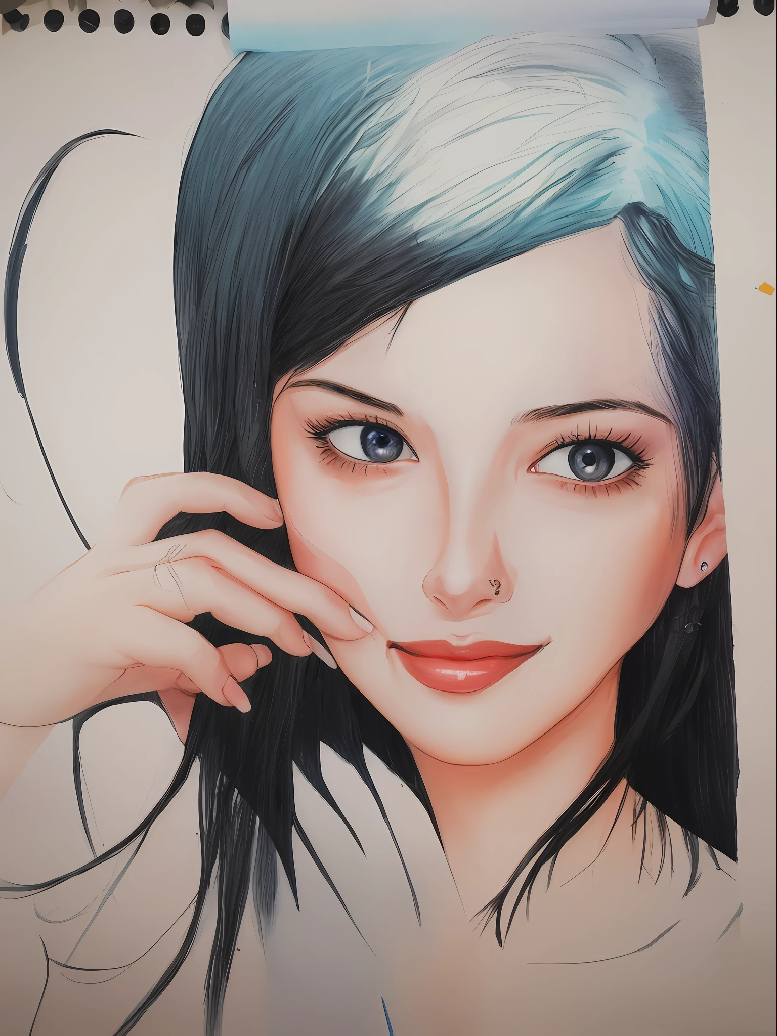 Drawing of a woman with a nose piercing, closeup potrait, colorful drawing, traditional art, a sketch of colored pencils, girl with black hair, colored drawing, sketch of colored pencils, potrait of a female face, potrait, beautiful painting, portrait of girl, detailed face, by Yasutomo Oka, simple drawing.