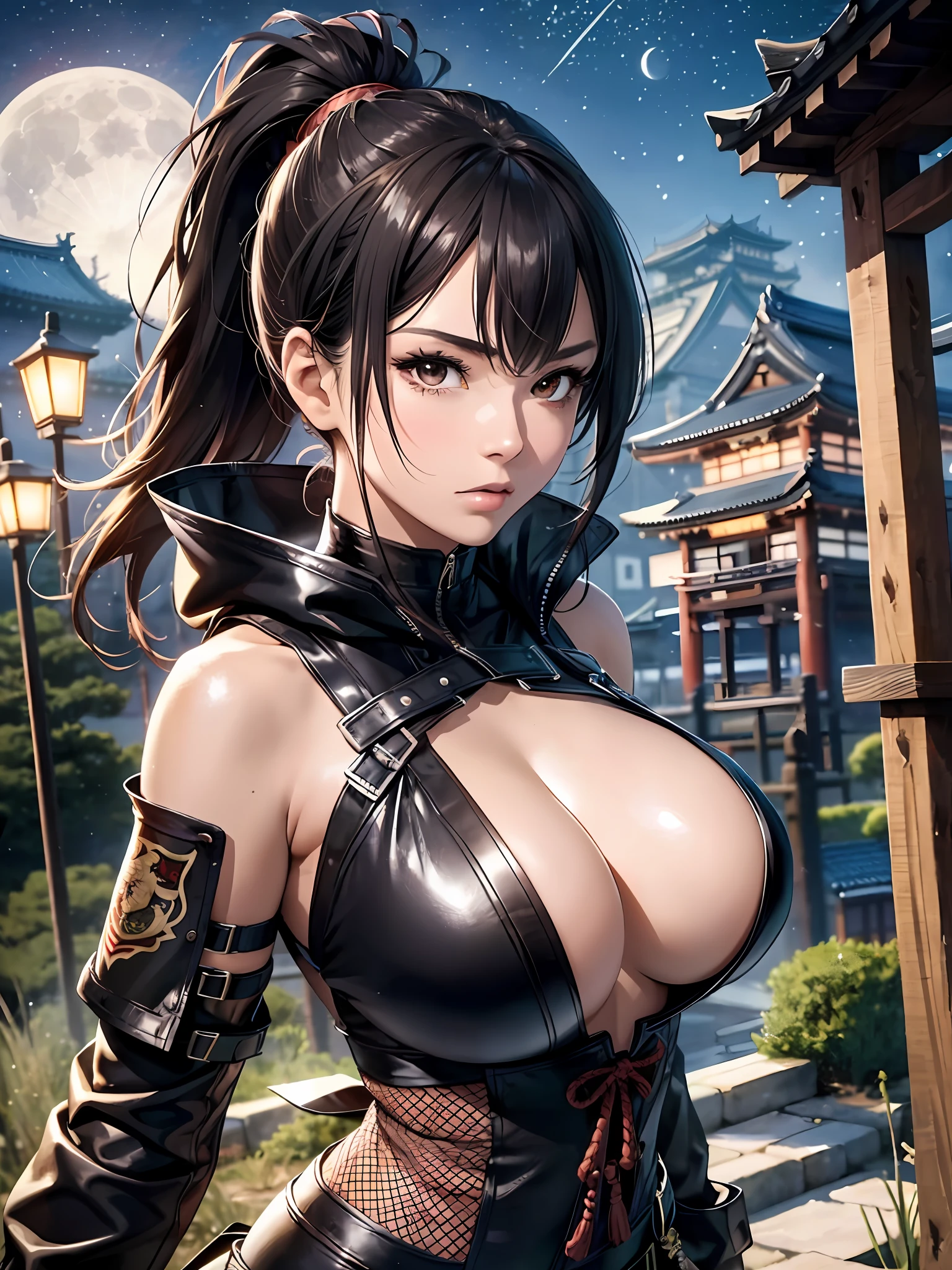 8k,masterpiece, bset quality,big, (1 girl), shiny skin, shiny big, dark brown eyes, ((best quality)), sharp focus: 1.2, highly detailed face and skin texture, detailed eyes, perfect face, perfect body, art, cg, blur background, Japan person, katana, ninja, bare shoulders, detached sleeves, cleavage, pelvic curtain, fishnet stockings, ponytail, big with presence, on the roof of a Japan castle, moon, midnight, cowboy shot, dynamic pose, angry, speed lines, fighting pose, Japan wind belt, (fighting), hooded leather jacket, coat of arms, slouch, Japan armor, jumping, cleavage, buttocks,