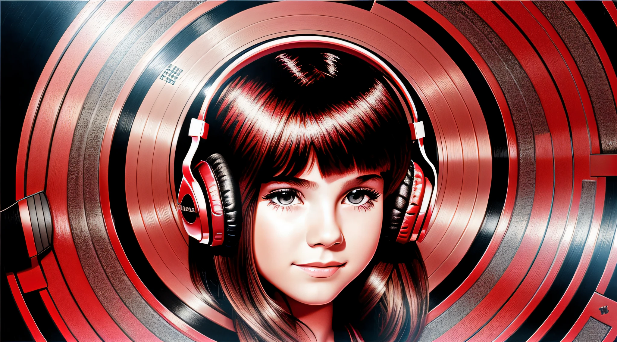 GIRL child , RUSSIAN BLONDE long hair and headphones, portrait, SILVER LEATHER JACKET, VINYL AND CDS red background. --auto --s2