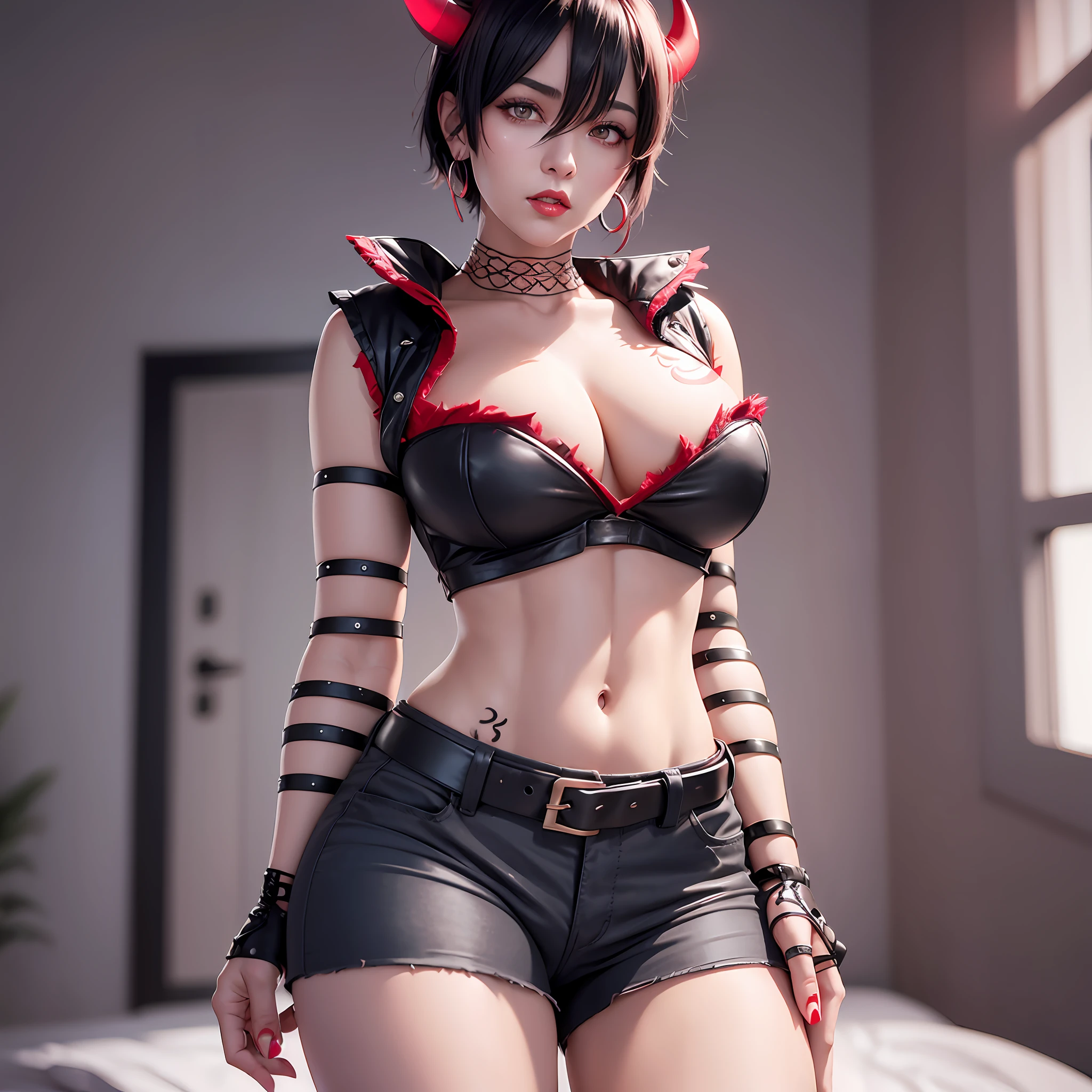 Anime realistc portrait of a Original Character, very sexy and provocative pose, Volumetric Lighting, Best Shadows, Portrait Of Stunningly tomboy girl, muscular, strong Beautiful Attractive Face With serious red Eyes, perfect Painted Face, horns like a ram coming from the forehead, Slim Eyebrows, Broadly Smiling, open mouth, sharp fangs showing, Lovely medium Breasts, big earring, red lipstick, short pixie messy black Hair, Blush Eye shadow, Thick Eyelashes, elegant dark red modern clothes, Slim Waist, red Pants, With Buckle Belt, in a painter room, white light, paint things all around, (Highest Quality, Amazing Details:1.25), (Solo:1.3), Brilliant Colorful Watercolor --auto --s2