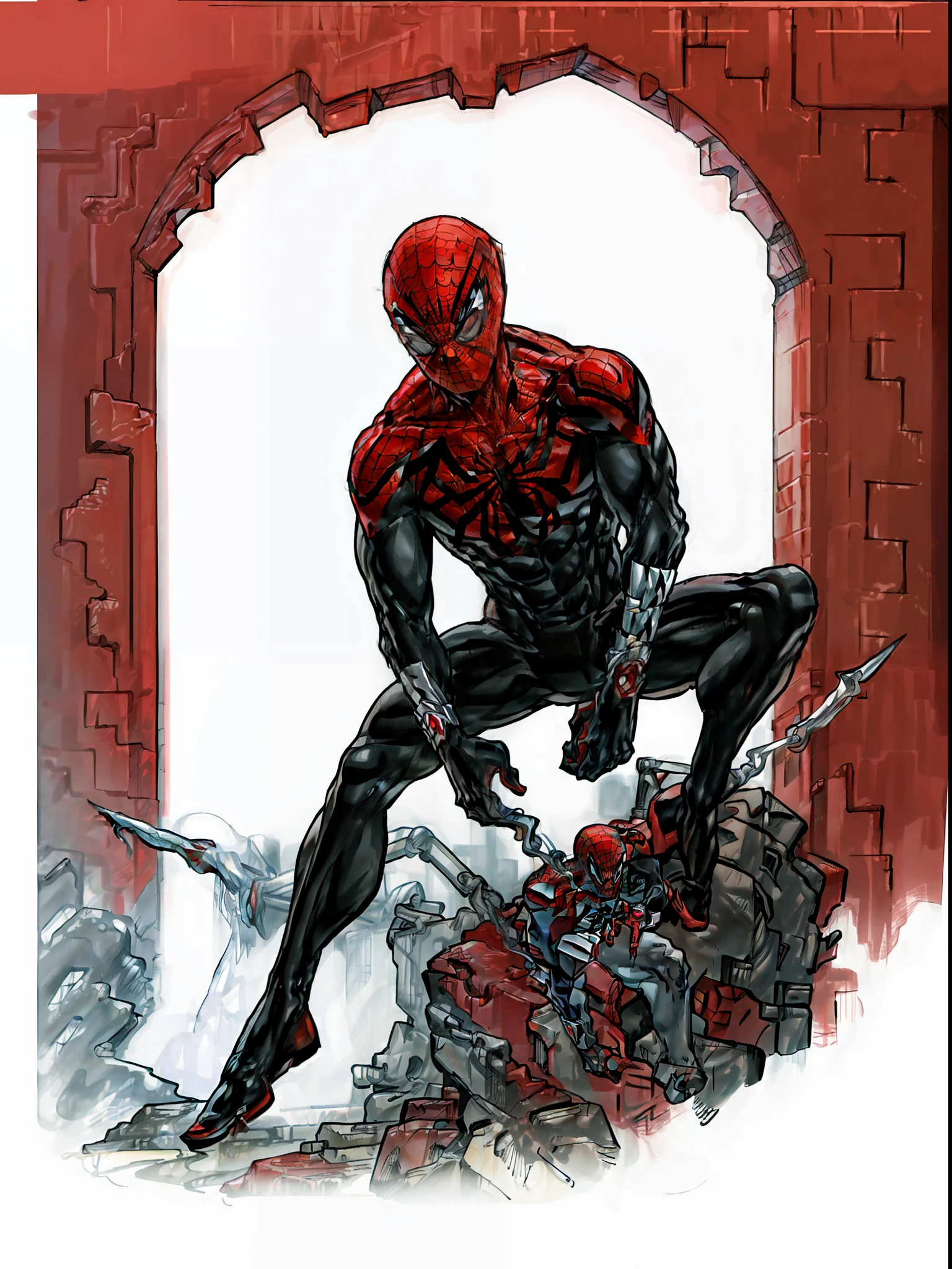 (((Silver bracelets))), (((sharp fingers))), spider-man in a red and black suit, a masterpiece, sitting on a beam, smooth skin, red eyes, beautiful colored hair,