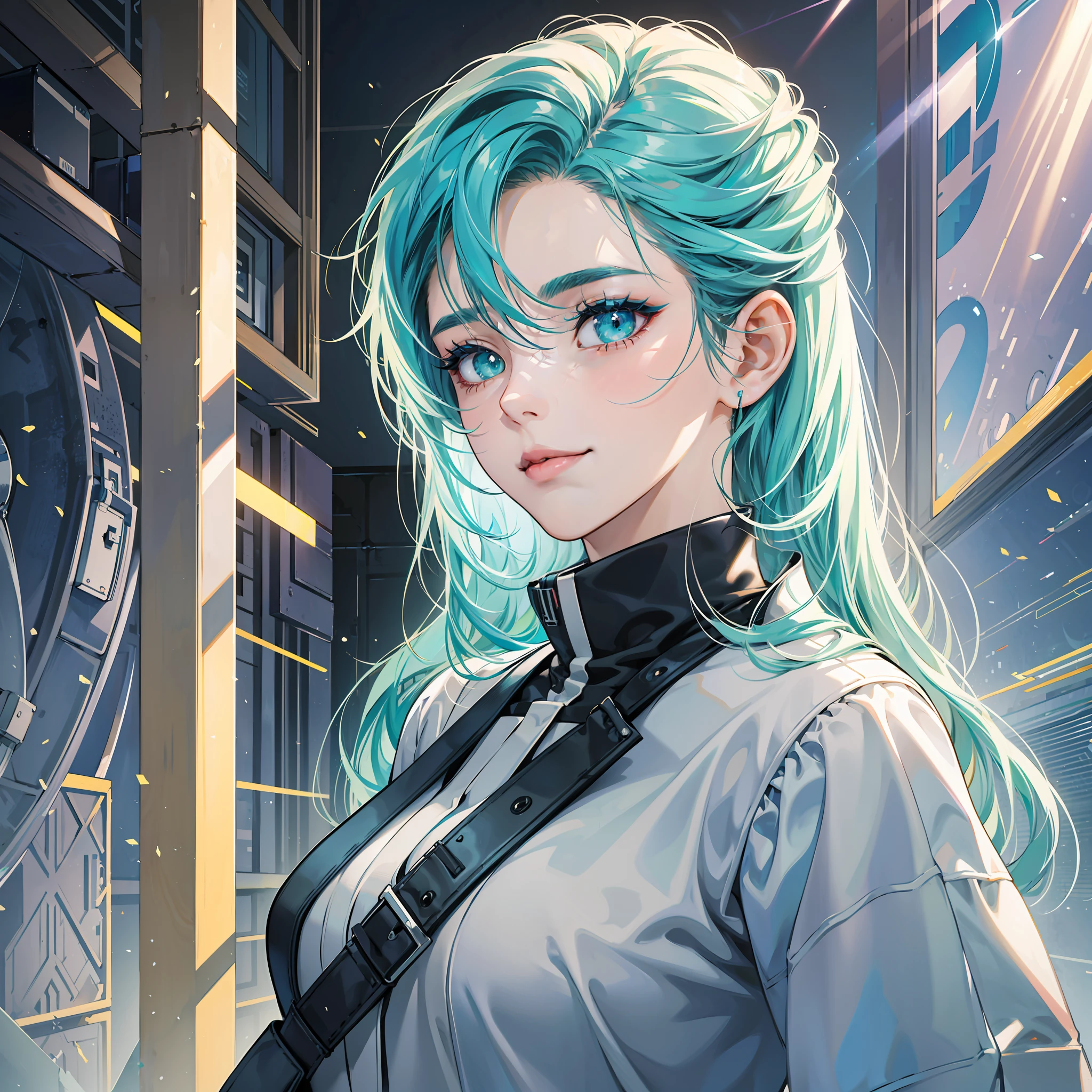 Adult woman using oversized modern clothes, asymmetrical hair, undercut, aqua eyes, gradient_eyes, eyebrows behind hair, shy, makeup, seductive smile, anime style, Op art, god rays, ray tracing, reflection light, cinematic lighting, from below, anatomically correct, textured skin, super detail, masterpiece --auto --s2