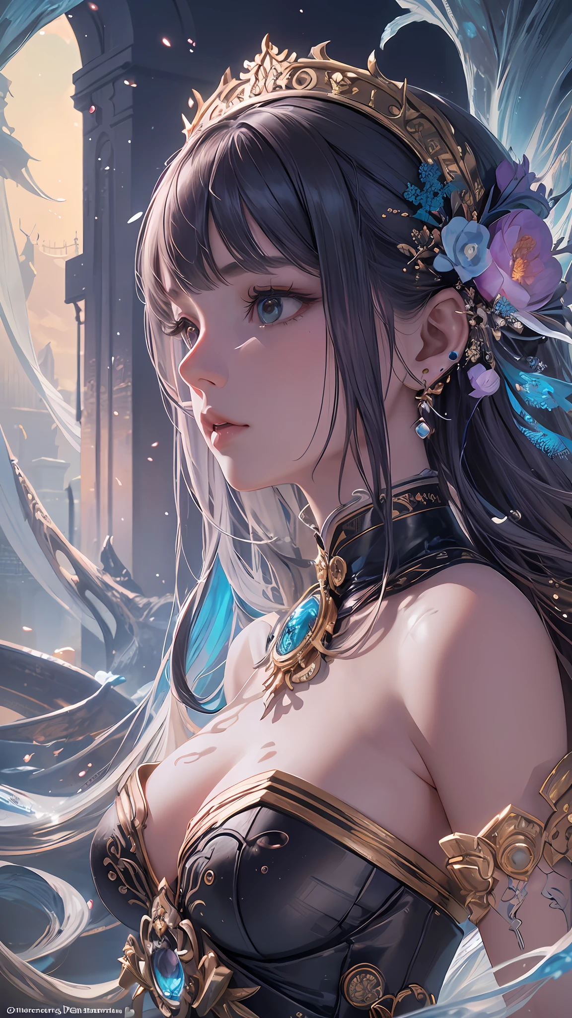 ethereal girl::3 intricate details, ornate, detailed illustration, octane render, beautiful girl, trending on artstation, expansive landscape photograph , (a view from below) ((water mark: senzey ramen)), (glowing lighting, atmospheric lighting), dreamy, magical, (solo:1.2) (((realistic))) --auto --s2