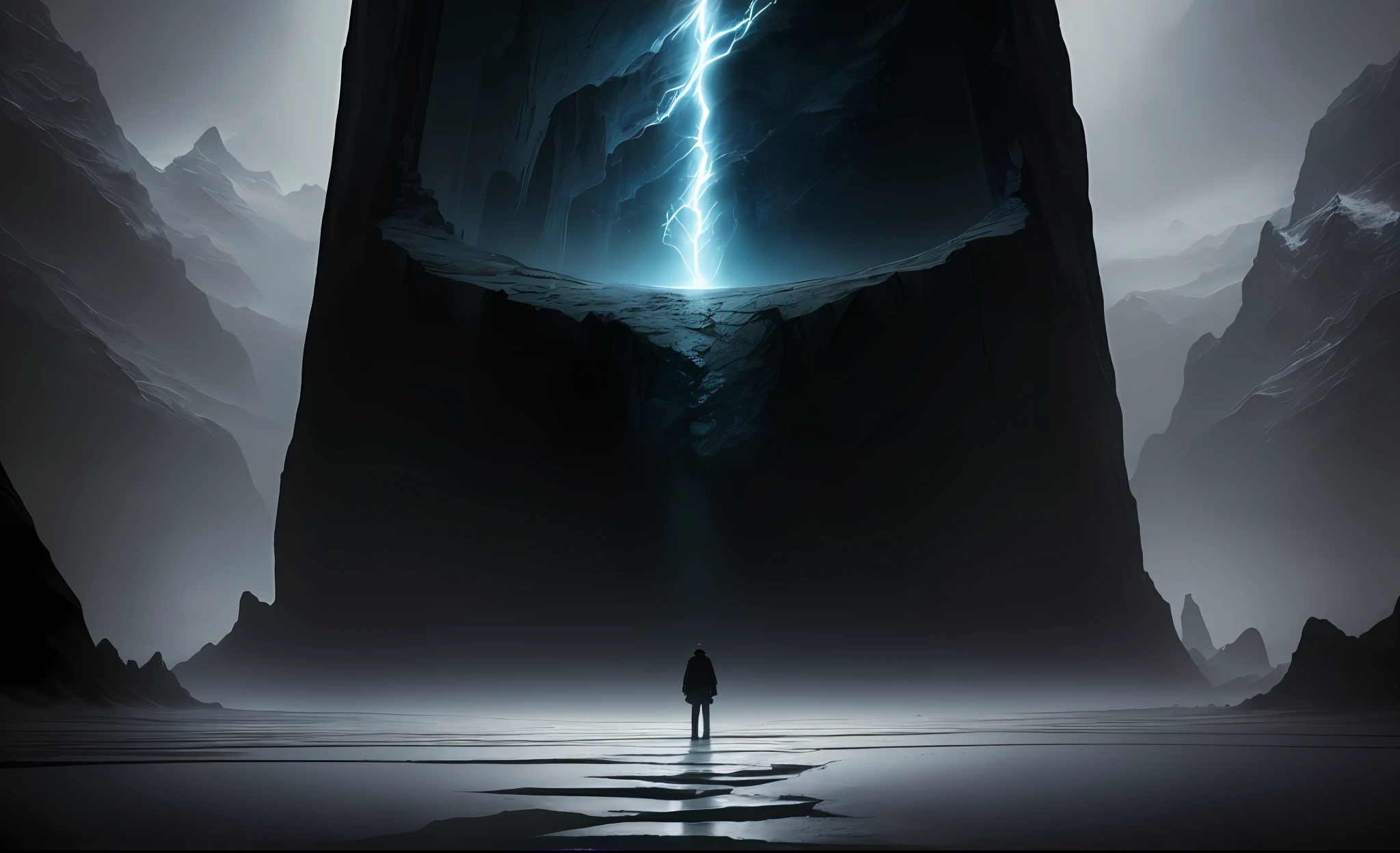 Photo of the most beautiful work of art in the world presenting a dark abyss and a light at the end(vibrant, realistic photo, realistic, dramatic, dark, sharp focus, 8K), (global lighting, gloomy environment, volumetric half light)