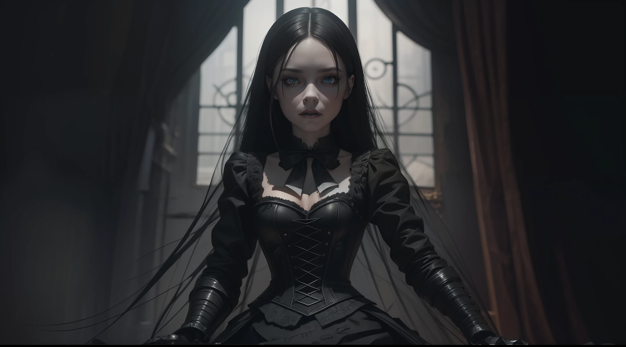 Award-winning photo from the waist up, solo, robotic Wednesday Addams, stunning steampunk wearing black clothes 3d rendering, hyperrealism, strong impressionist painting style, 1,618, elegant, ethereal, intricate, elaborate, hyper-realism, hyper-detailed, strong expressiveness and emotionality, cinematic lighting, visual clarity
