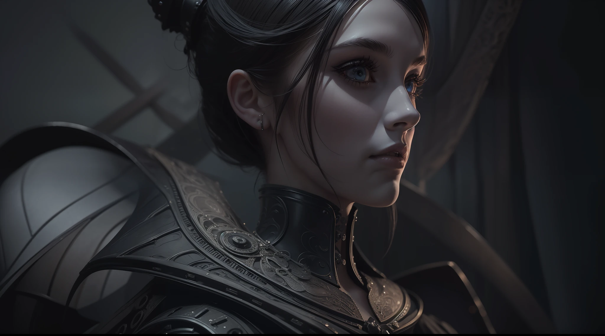 Award-winning photo from the waist up, solo, robotic Wednesday Addams, stunning steampunk wearing black clothes 3d rendering, hyperrealism, strong impressionist painting style, 1,618, elegant, ethereal, intricate, elaborate, hyper-realism, hyper-detailed, strong expressiveness and emotionality, cinematic lighting, visual clarity