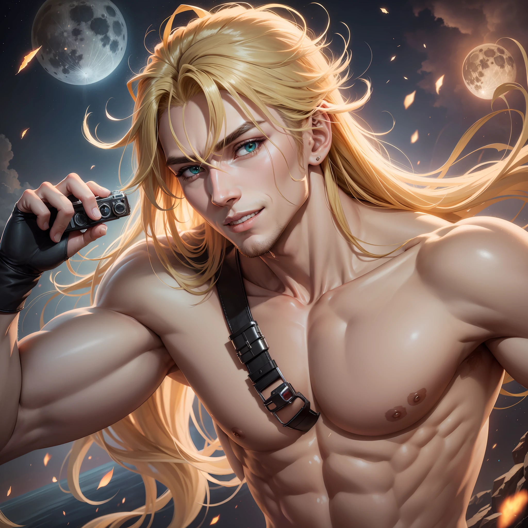 Male, long blonde hair, water green eyes, dynamic pose, solo, 32k,Super-Resolution,Full-HD,1080p,Fullscreen,Wallpaper,Generated by Midjourney, punk clothes,Full Moon, GameMaker, movie camera, war scene,Horror Anime,Horror Anime, 1080p, alone, bangs in hair, muscular body, Anime man, male face, smile with closed lips., Full moon, 4D Cinema, Perspective from point of view, film camera, mysterious scene --chaos 58 --seed 3184 --no 0 --h 1333 --quality 100 --w 1222 --air 1222x256 --uplight --hd