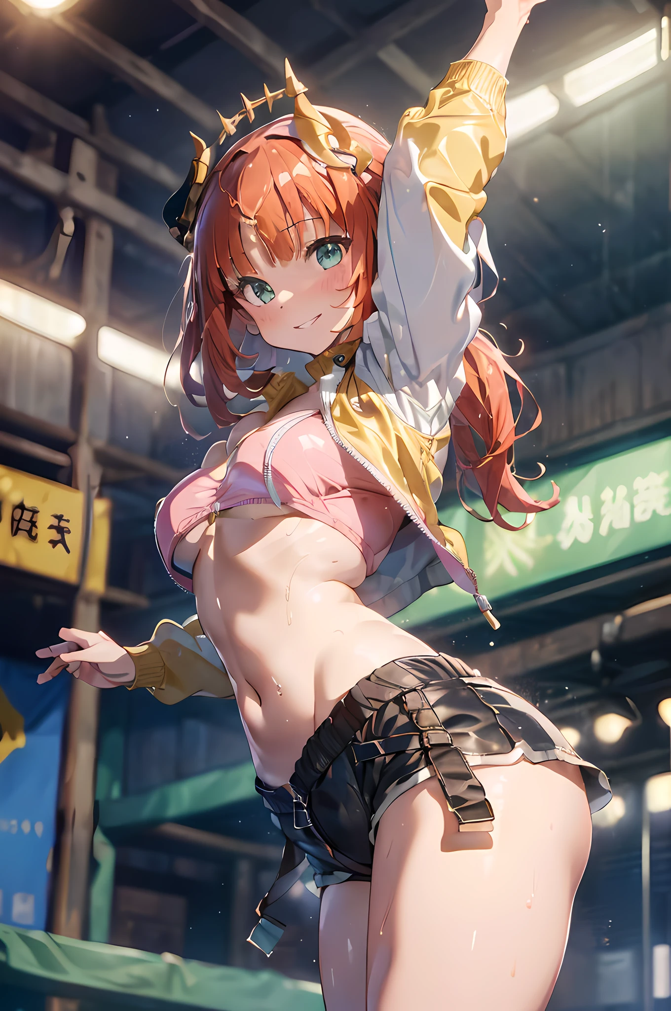 Genshin impact, ((Nilou:1.5), ((best quality, high resolution, distinct image)), (delicate illustration), 8k, 1girl, solo, extremely cute and beautiful, cowboy shot, (Crypto.com Arena background:1.3), indoor live stage, blush, breasts, wet, (yellow rubber full-zip jacket:1.3), (white tight tube-top:1.3), (black rubber shorts:1.3), detailed clothes, standing, spread arms, reaching out in the air, from below, (large breasts:1.25), (slim waist:1.3), (small butt:1.15), light grin smile, happy, breathing, humid, perfect anatomy, perfect proportion, seductive dancer posing, centered image, looking the viewer, facing the viewer, spread legs, open stance, frame the head, pink lipstick, detailed human body, perfect human body,