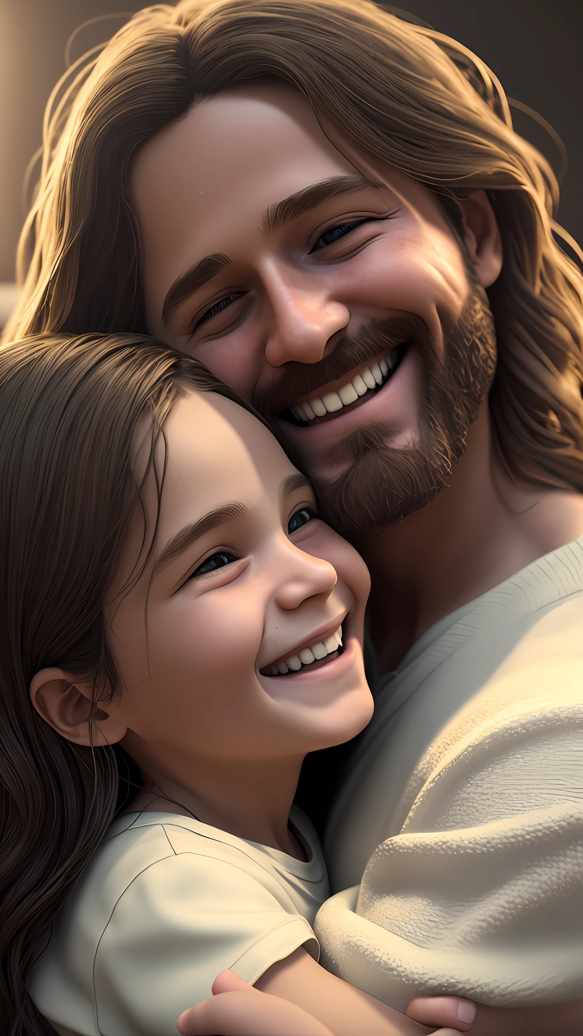 Jesus smiling and hugging a , 1:3 photography, soft lighting, soft details, octane, trend artstation, ultra high detail, ultra realistic, cinematic, 16k