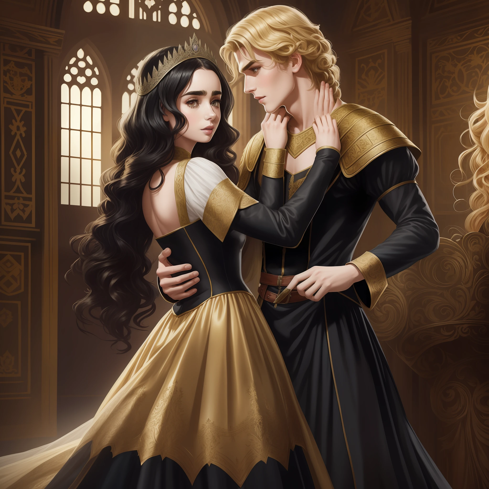 Lily Collins, who has curly black hair, wears a medieval dress. the Neels Visser wears a medieval military outfit and has blonde hair. The couple is waltzing in the ballroom. The illustration is like a book cover with a detailed, bright, illuminated, ultra detailed background, conceptual art, elegant, art by Citemer Liu