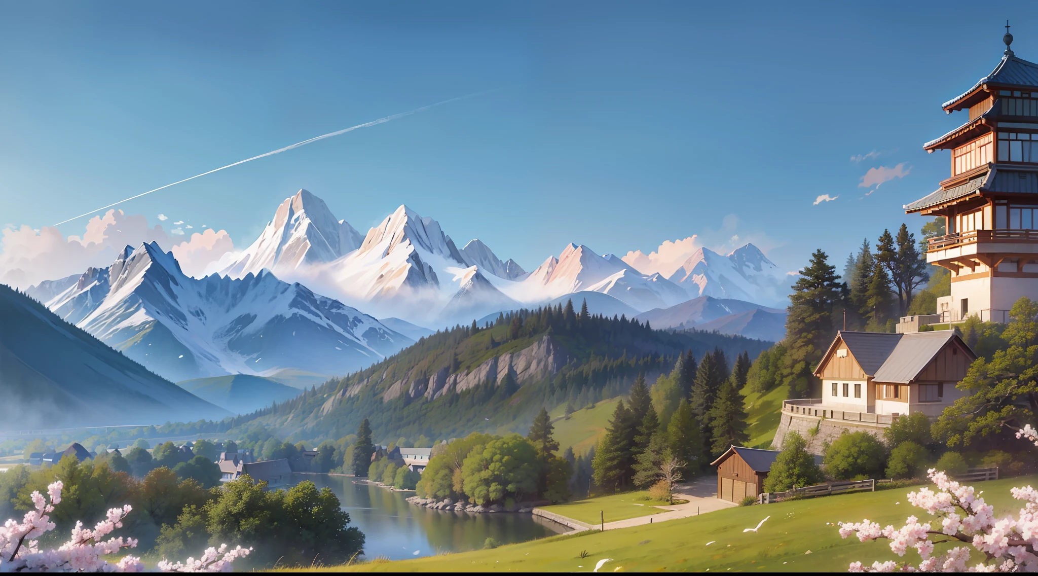 landscape, nature, sakura tree, wind, winter, mountain range, mountain sitting near mountain, detailed water, peaceful, green grass, castle, extremely detailed, depth of field, cinematic lighting, Ghibli-like colours, high detail, scenery, high place, horizon, wind, wind blow, 8k, bokeh, award winning, (masterpiece:1.2), best quality, no humans