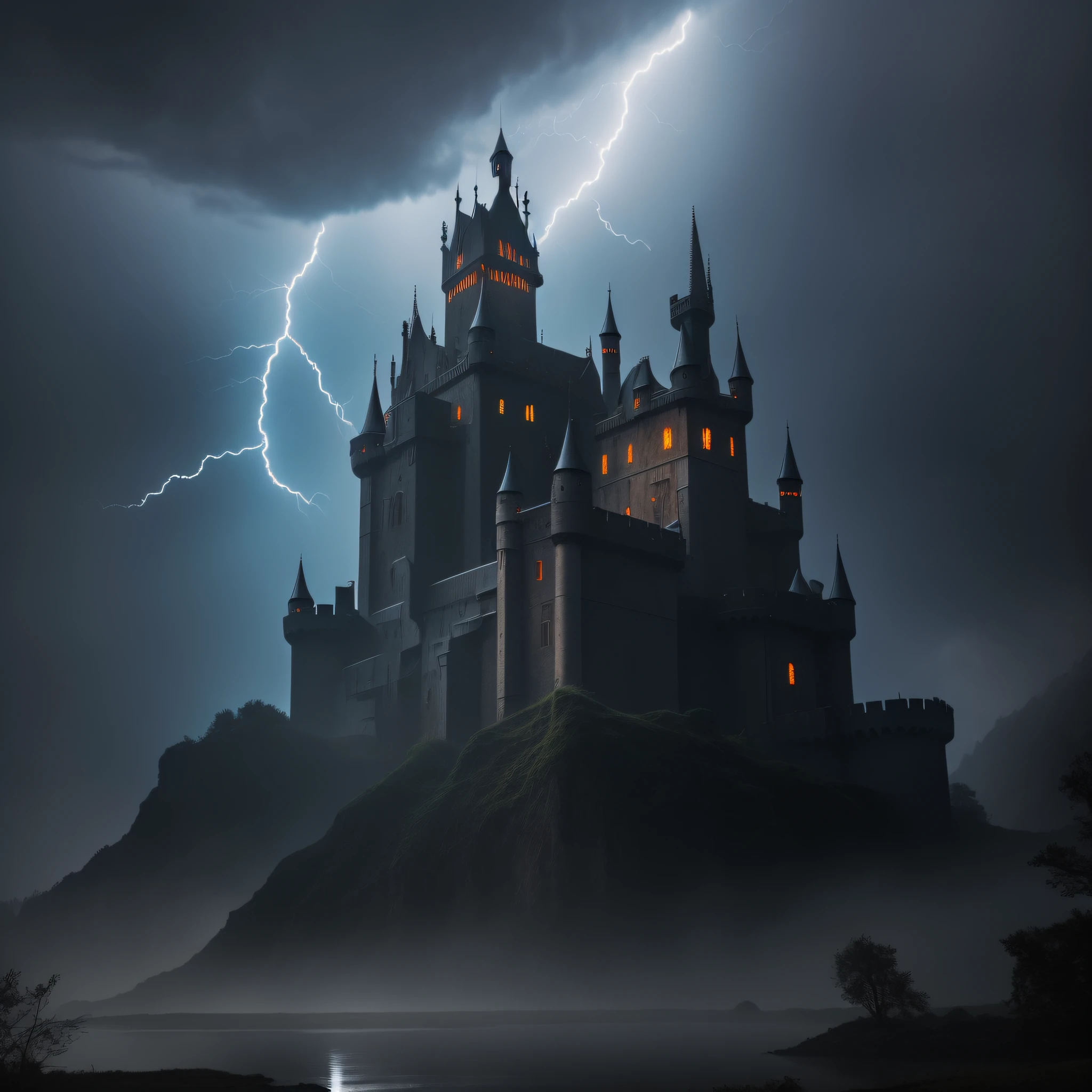 A dark medieval castle, scenery of rains and lightning, Gothic style.