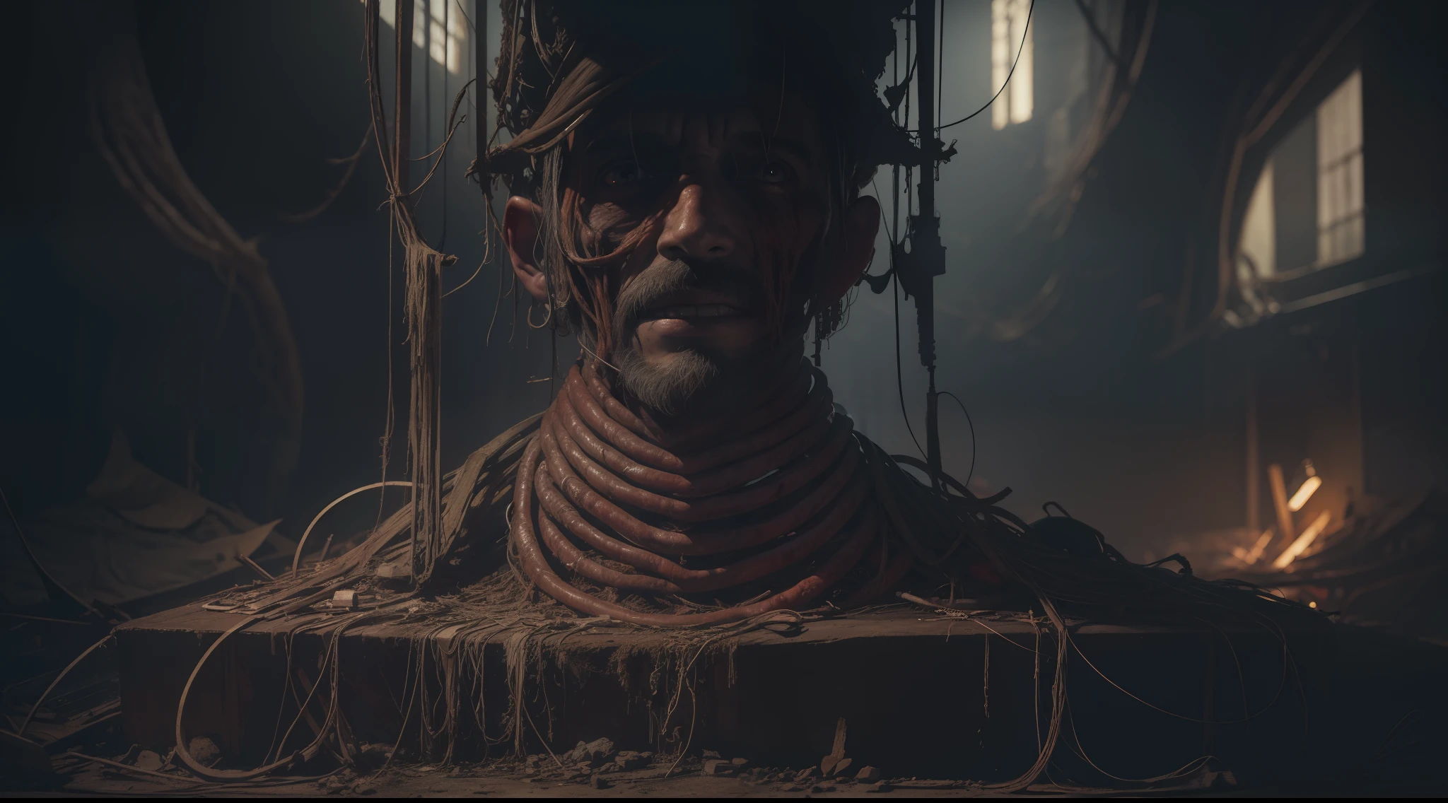 award-winning photo from the waist up, still life, face portrait of abandoned man with ribs, covered with roots, wires, tubes, organic meat, meat, desolate, illuminated by a column of light from above, baroque painting, scary, nightmare, dreamlike heavy atmosphere, surreal abandoned buildings, baroque painting, insanely detailed octane rendering and intricate beautiful trend on Artstation,  8K artistic photography, photorealistic, chiaroscuro