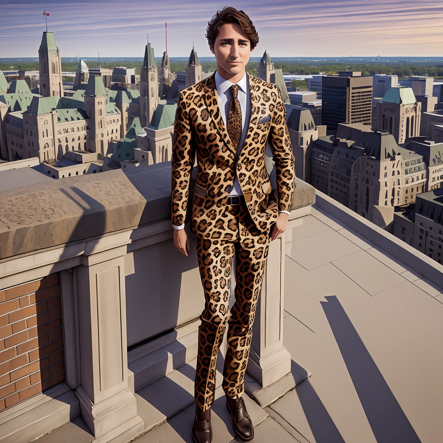 Justin Trudeau ,thin body,dressed in a leopard skin, high resolution, full height, ottawa in background,high resolution photo -- style exact photo --auto --s2