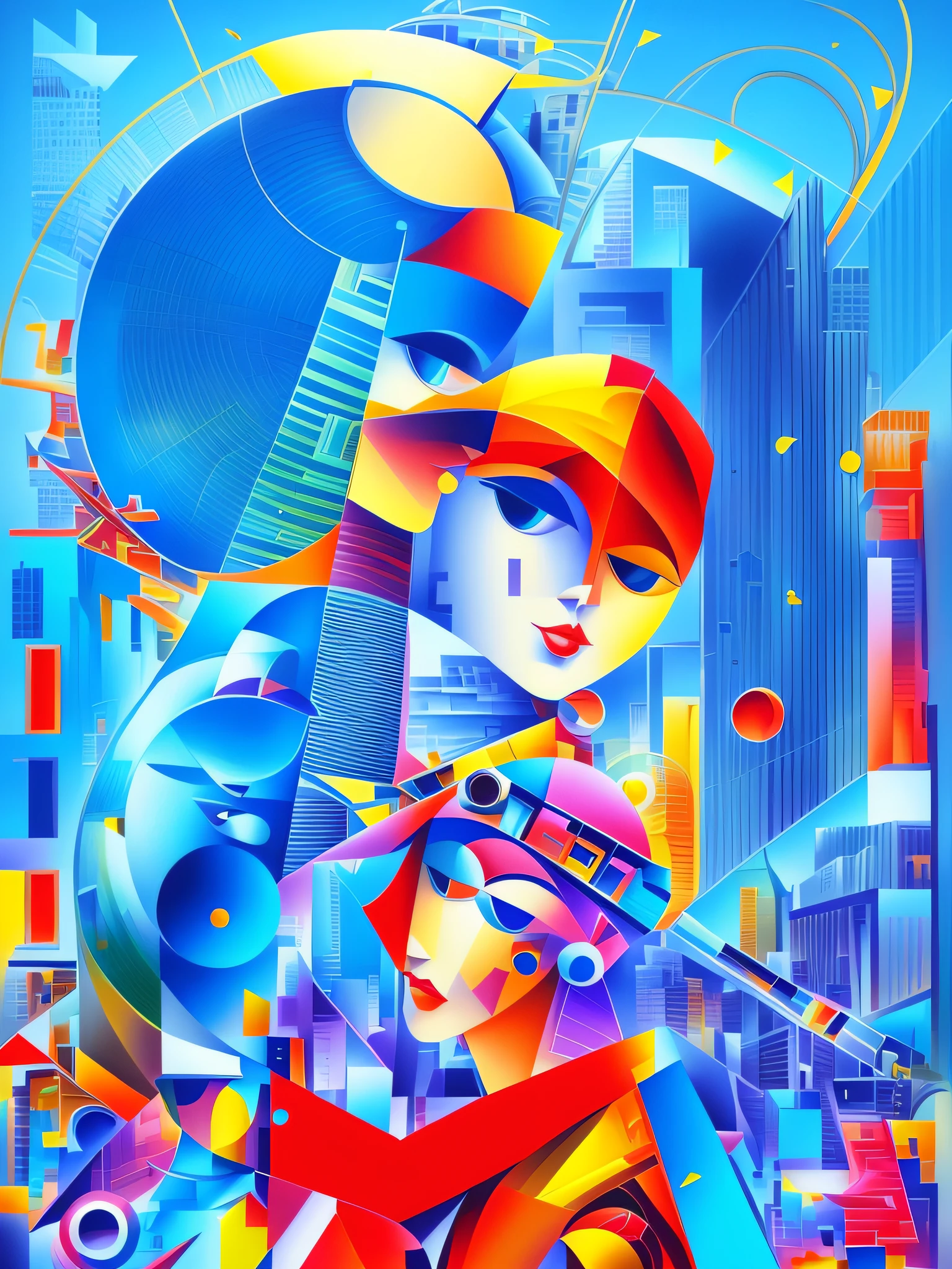painting of a couple of people with a city in the background, synthetic cubism, georgy kurasov, contemporary digital art, futuristic cubism, cubist style, beautiful art uhd 4 k, cubists love it, cubism style, modern digital art, inspired by Tomek Setowski, cubist painting