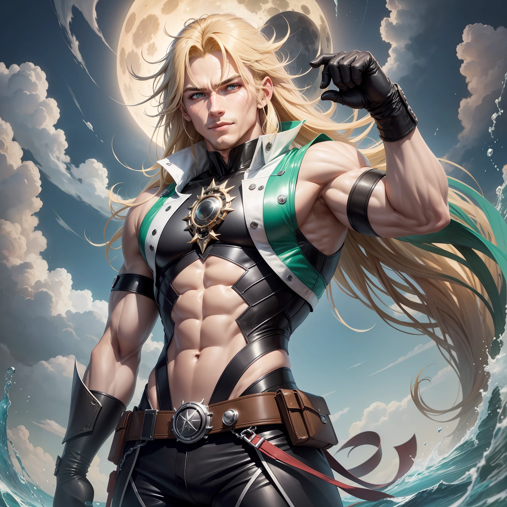 Male, long blonde hair, water green eyes, dynamic pose, solo, 32k,Super-Resolution,Full-HD,1080p,Fullscreen,Wallpaper,Generated by Midjourney, punk clothes,Full Moon, GameMaker, movie camera, war scene,Horror Anime,Horror Anime, 1080p, alone, bangs in hair, muscular body, Anime man, male face, smile with closed lips., Full moon, 4D Cinema, Perspective from point of view, film camera, mysterious scene --chaos 58 --seed 3184 --no 0 --h 1333 --quality 100 --w 1222 --air 1222x256 --uplight --hd, long clothes