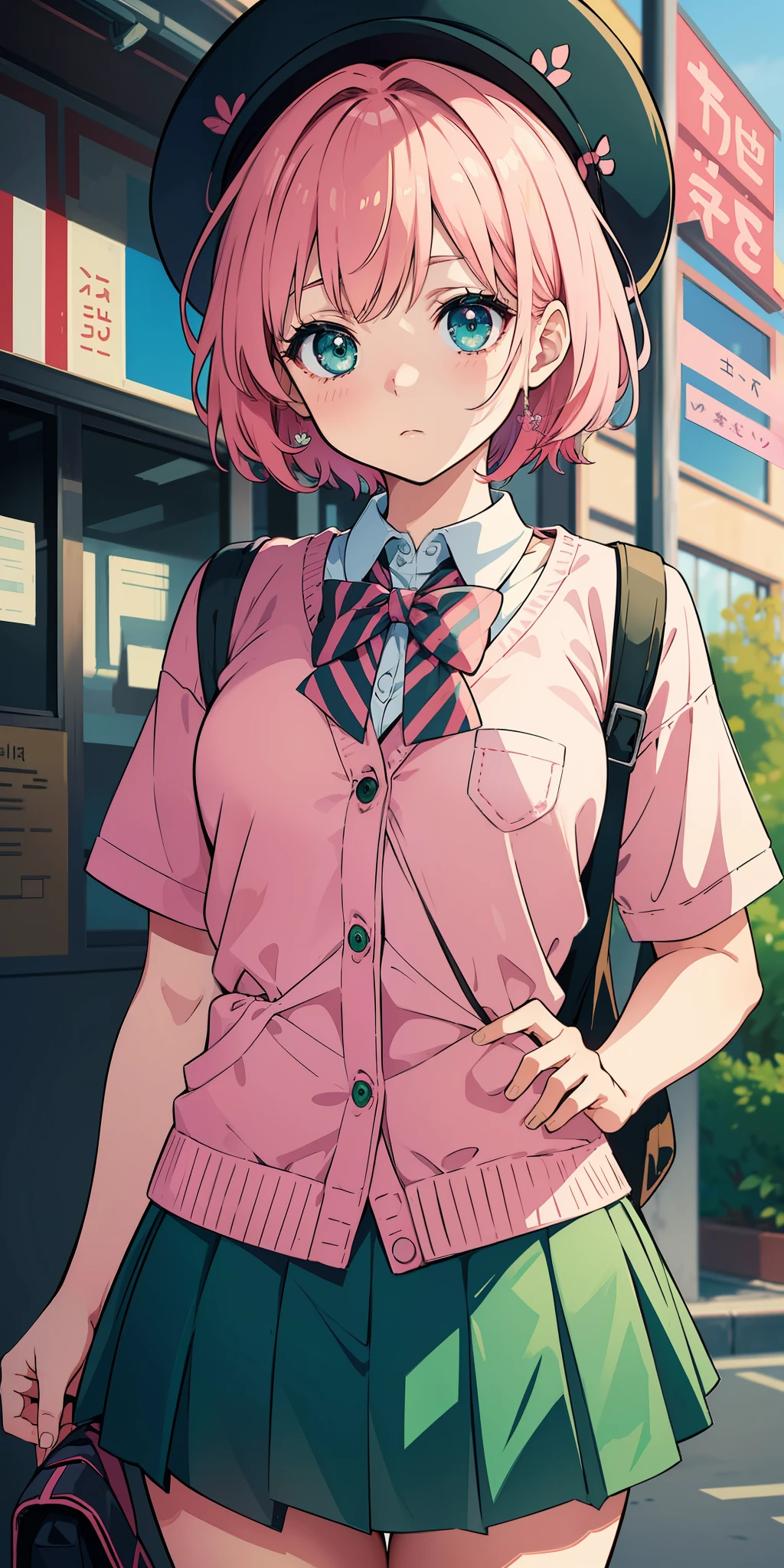 (masterpiece), (artwork), (kawaii anime style), (best quality), (extremely detailed eyes), a young line wearing school uniform, short pink hair, she's staring at you fixedly, bright green eyes--[Niji:5.1]