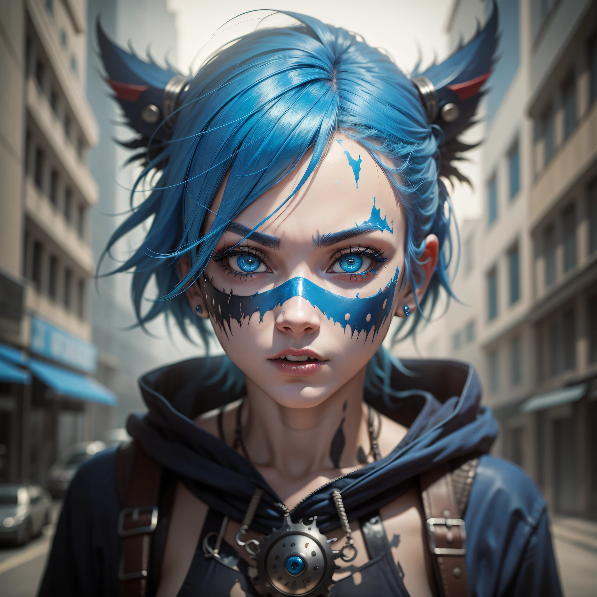 blue hair, mask, crazed eyes, craziness, Social Realism, depth of field, UHD)