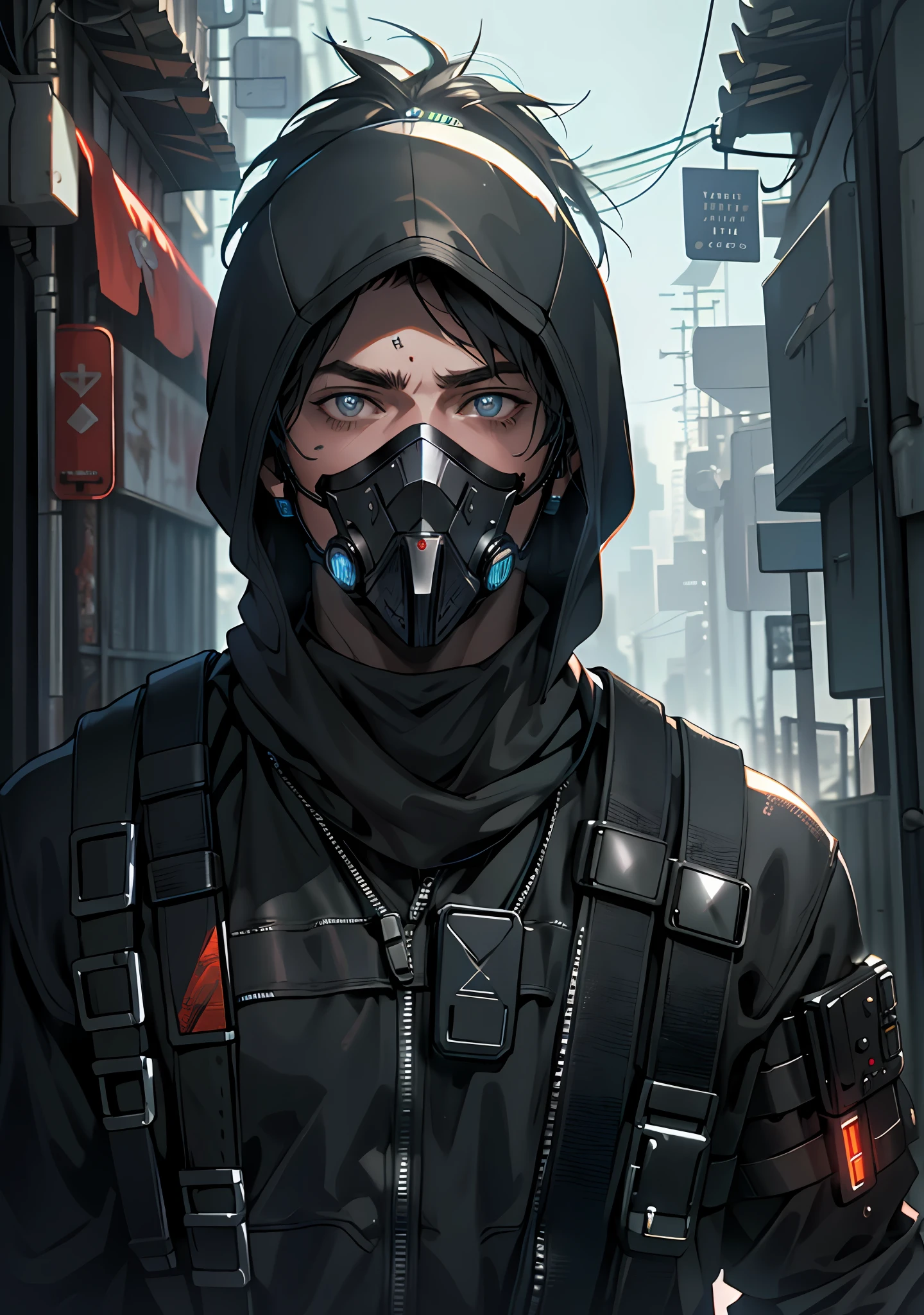 Ultra detail, high resolution, ultra detailed, best quality, amazing, top quality, extremely detailed CG 8k wallpaper unit, cinematic lighting, cyberpunk, dark boy, trash gang blue face mask