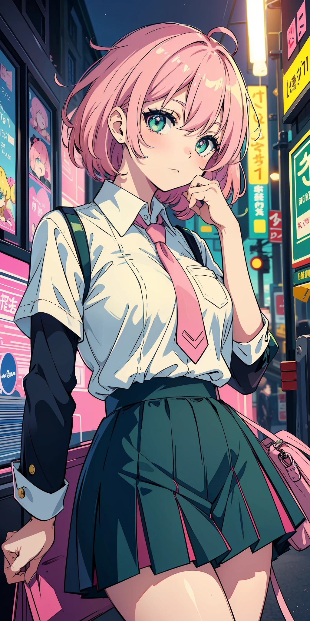 (masterpiece), (artwork), (kawaii anime style), (best quality), (extremely detailed eyes), a young line wearing school uniform, short pink hair, she's staring at you fixedly, bright green eyes--[Niji:5.1]