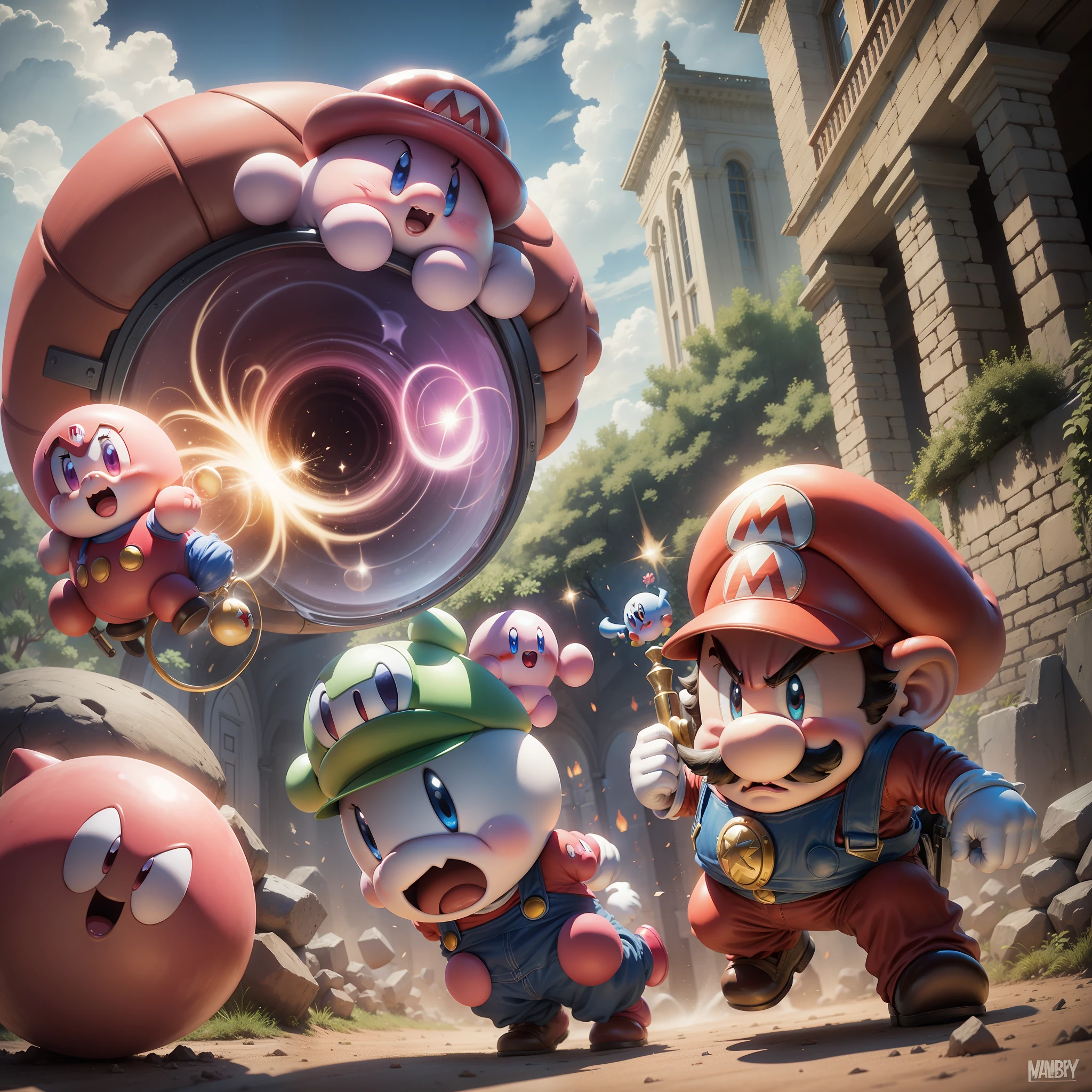 Kirby and Mario defeat the evil ghost