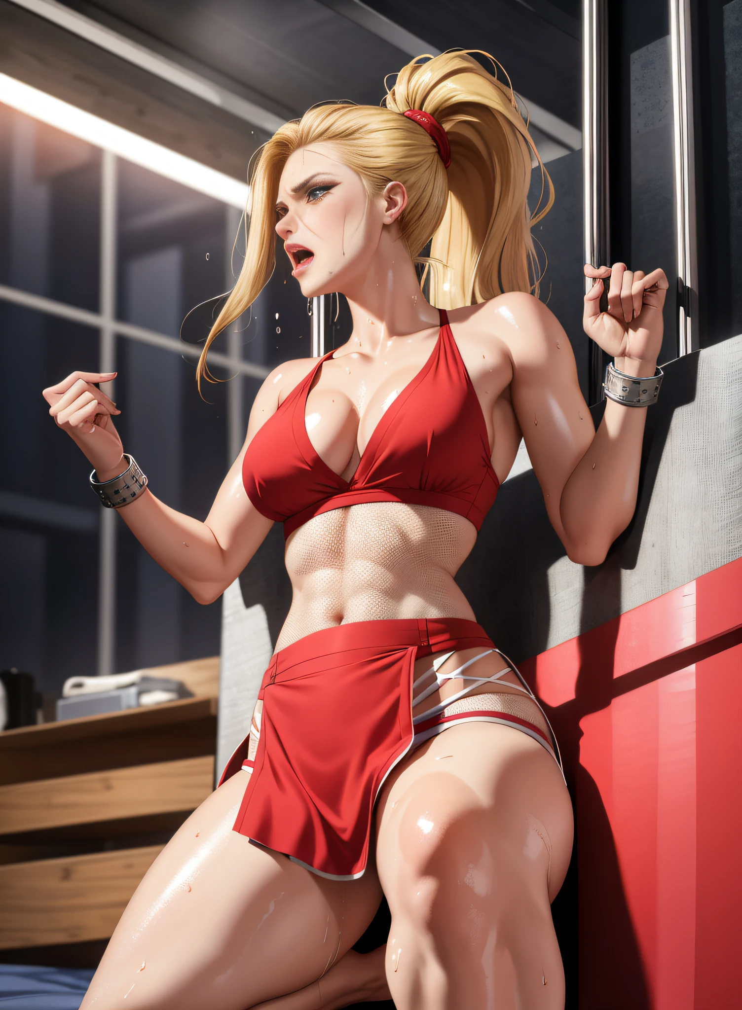 masterpiece:1.2, best quality), realistic, (real picture, intricate details, depth of field), (1girl, solo), make up, parted lips, highly-detailed, perfect face,
(huge breasts:1), (skindentation), thick thighs, wide hips, small waist, tall, glossy coral lips,
(blond hair:1.4),ponytail,
(sweating:1.2), (wet), sexy, blushing,shiranui mai,genryusai maki,final fight,red kimono, bare shoulder,full body, bare legs, barefoot,cleavage,bare arms,fishnet bra,ninja, kunoichi,shinobi,chain mail shirt,muscular female, panties,sweating,sweating profusely,shouting, screaming, open mouth,(moaning in pain, feeling pain, tears, pain, crying with pain, expression of anguish),lying on the bed, spread legs, crotch,