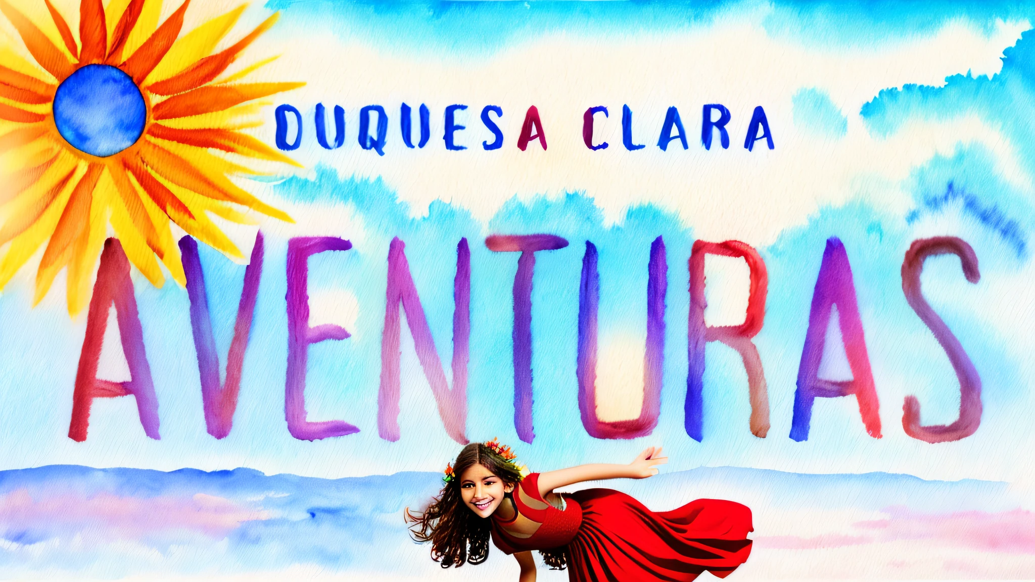 (best quality),magical scene, floating book in an exotic landscape, (main character: 1girl), red dress, smiling mouth and an enchanted book in her hand,(blurred background with sun effect), (many colorful flowers), flying birds and a blue sky, all depicted with a watercolor painting.