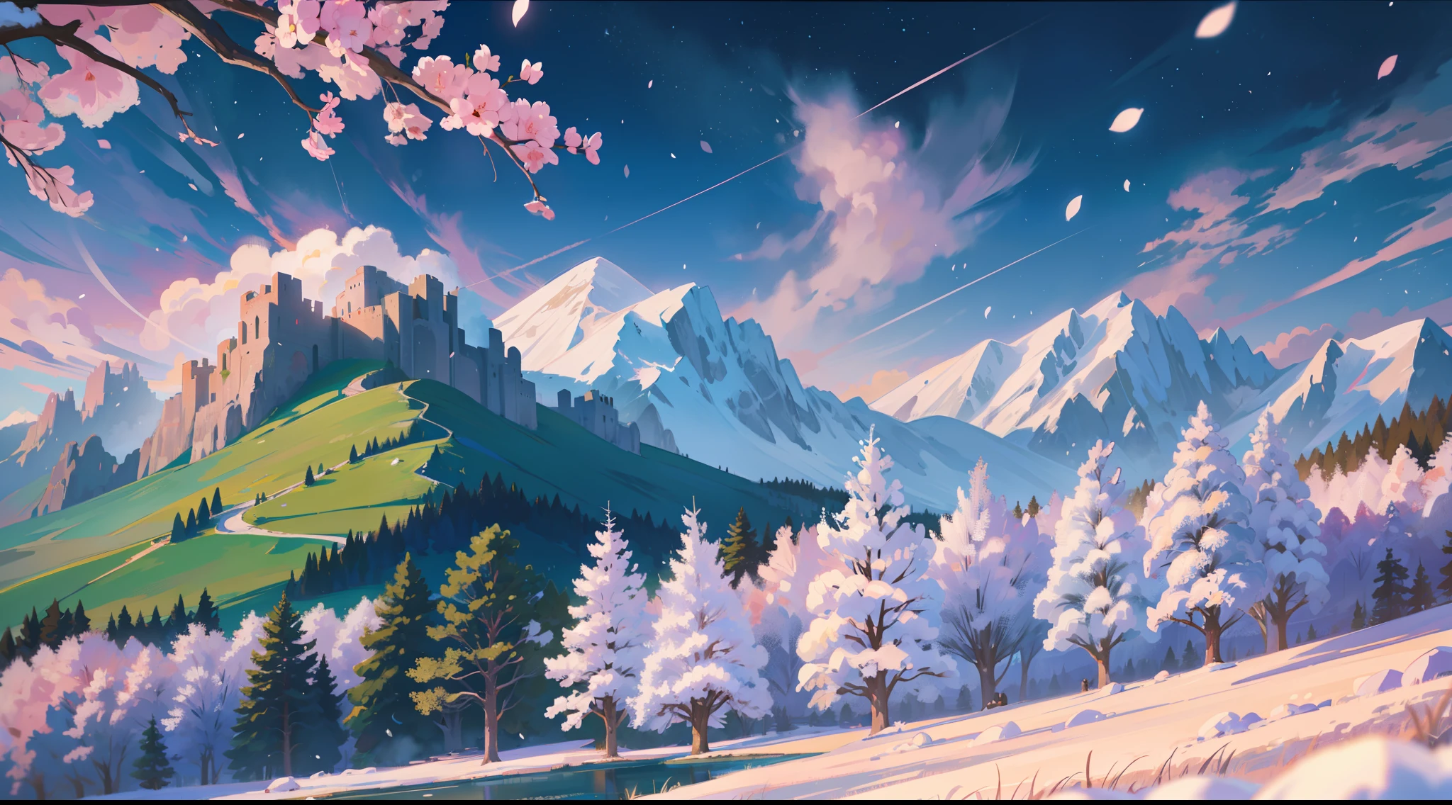 landscape, nature, sakura tree, wind, winter, mountain range, mountain sitting near mountain, detailed water, peaceful, green grass, castle, extremely detailed, depth of field, cinematic lighting, Ghibli-like colours, high detail, scenery, high place, horizon, wind, wind blow, 8k, bokeh, award winning, (masterpiece:1.2), best quality, no humans