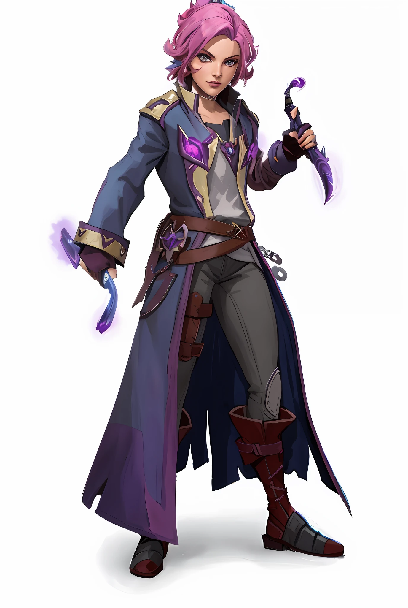 a woman with pink hair and a purple cape holding a wand, young shadow mage male, epic mage girl character, full portrait of elementalist, evil male sorcerer, arcane concept art, skinny male mage, arcane art style, starfinder character, painted in the style arcane, style of duelyst, full portrait of electromancer, mage