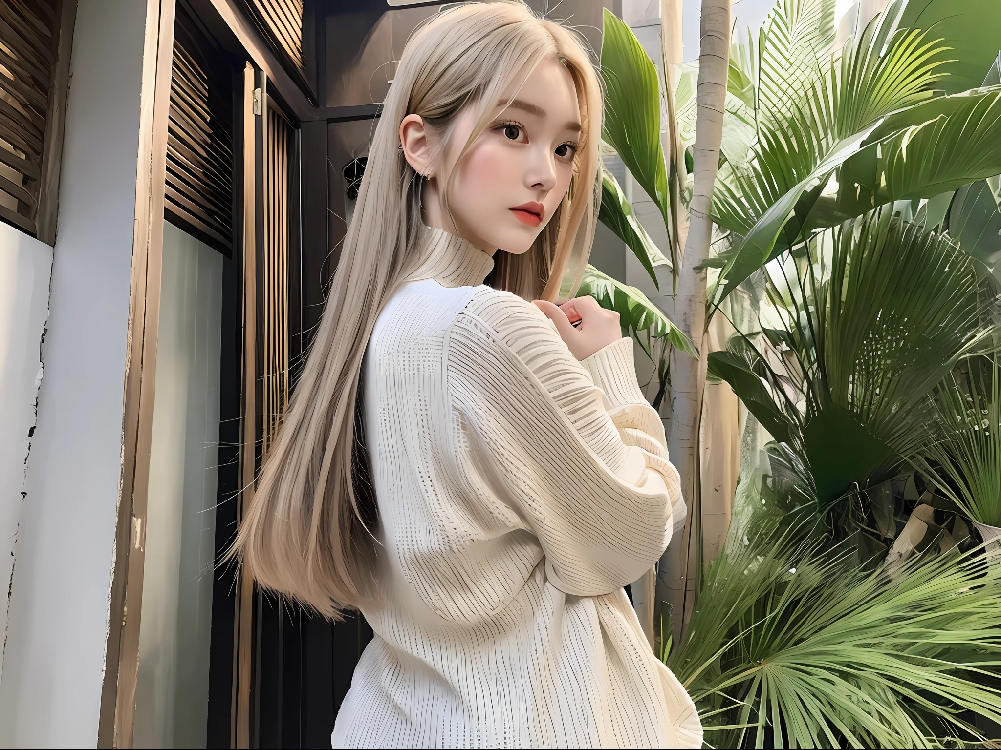 (8k, highest quality, masterpiece: 1.2), (hair_style), (realistic, photorealistic: 1.37), plump eyes, highest quality, masterpiece, standing in front of a white wall, [small breasts], professional lighting, shooting the whole body of the subject from a distance, angle from behind, shot in natural light from morning to noon, fashion style of Japan trend in 2023, real, Super detail, 30s, actress, elaborate CG, slender, hairstyle is straight straight hair, delicate skin type, emphasizes hair luster,