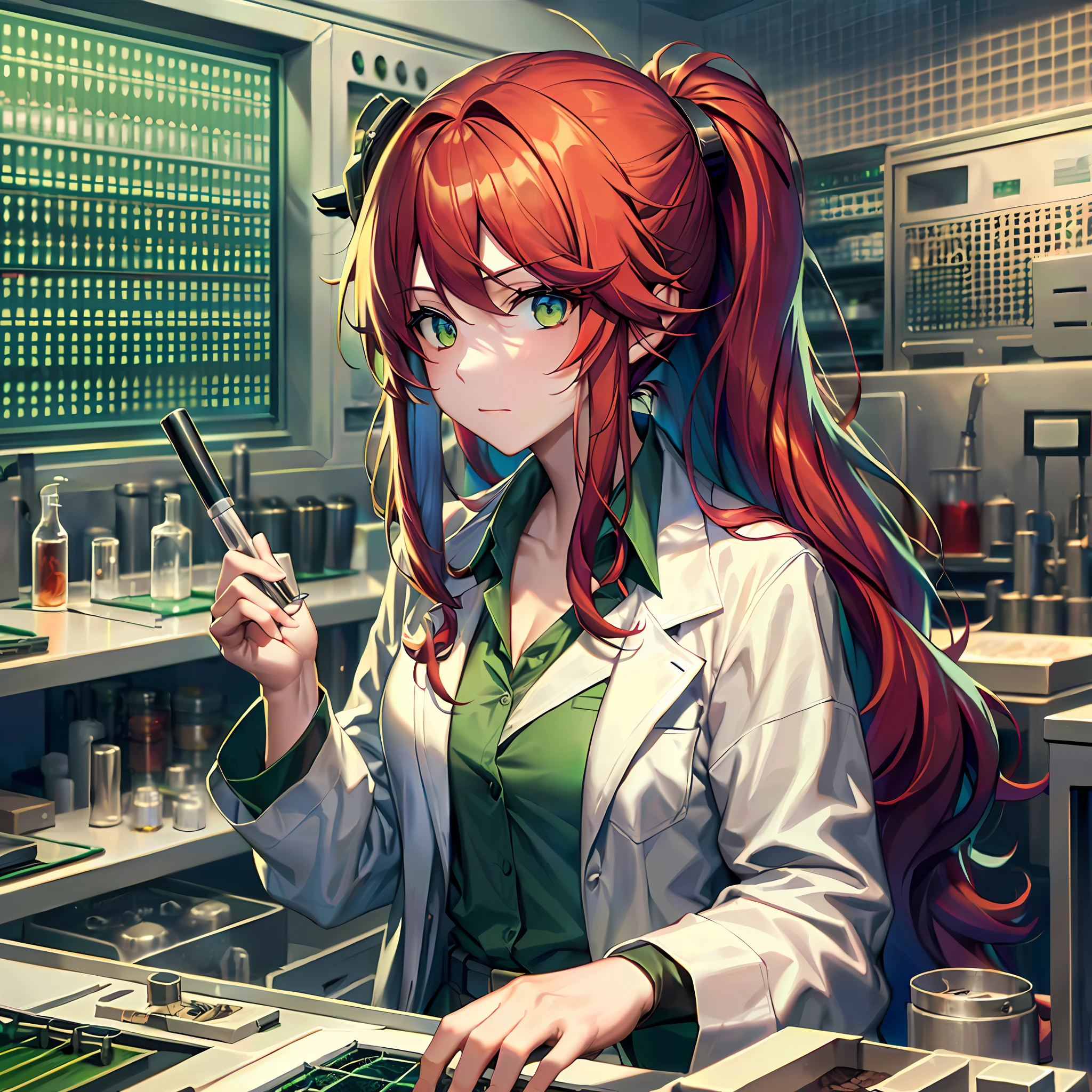 scientist long red hair messy, green eyes, scientist lab coat, lab set in background, futuristic --auto --s2