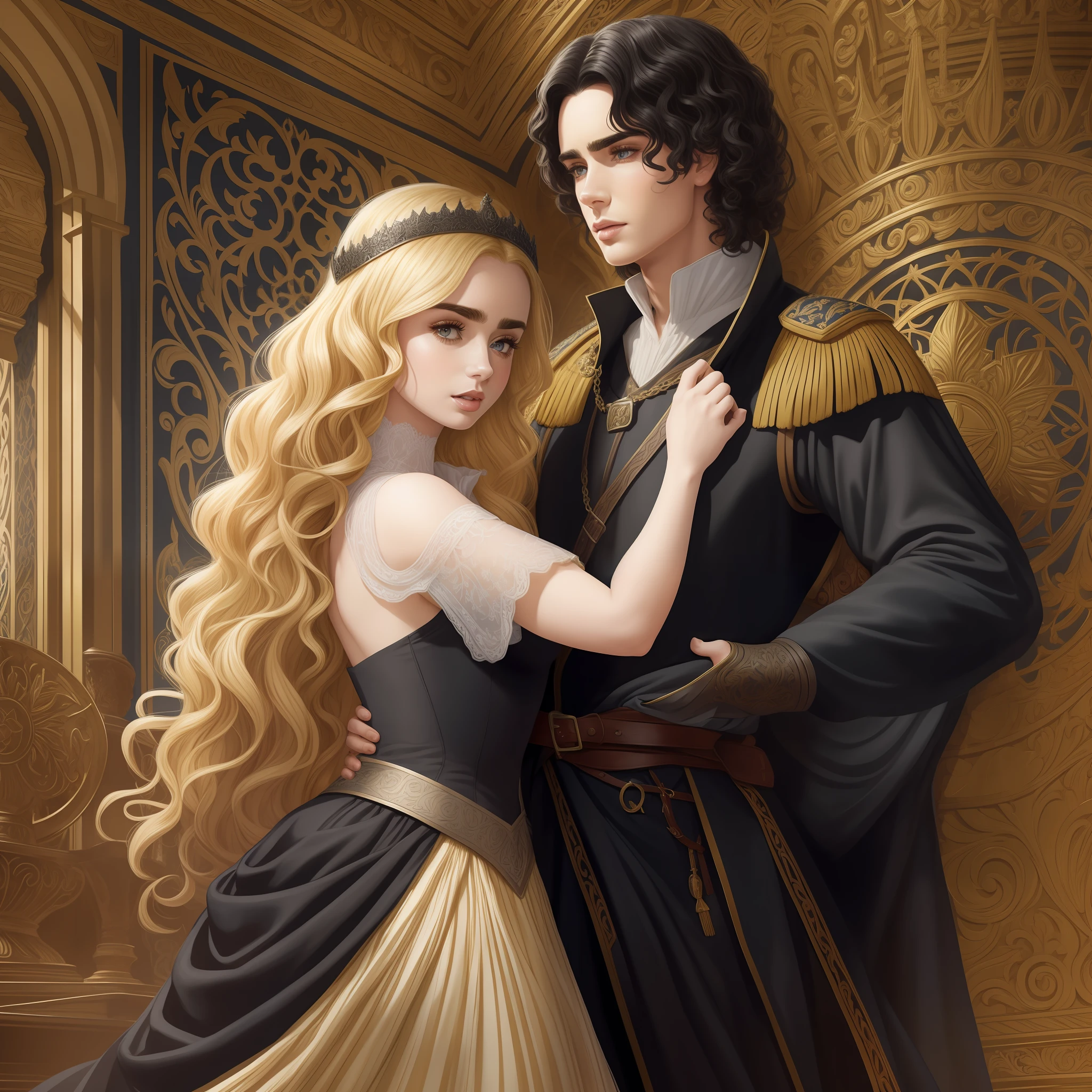 Lily Collins, who has curly black hair, wears a medieval dress. the Neels Visser wears a medieval military outfit and has blonde hair. The couple is waltzing in the ballroom. The illustration is like a book cover with a detailed, bright, illuminated, ultra detailed background, conceptual art, elegant, Artgerm art