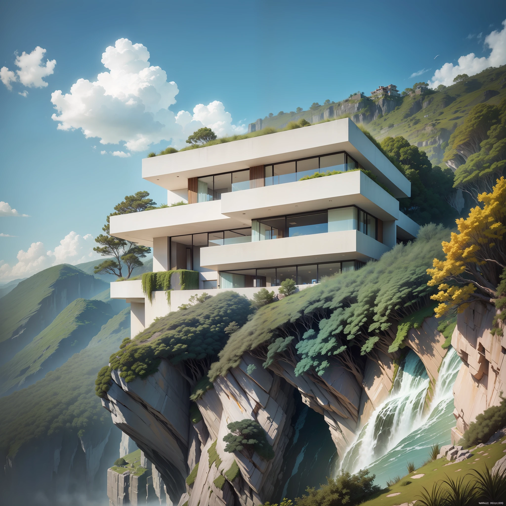 a house sitting on top of a cliff next to a river, inspired by Maginel Wright Enright Barney, high cliff, sheer cliffs surround the scene, wide angle exterior 2022, by Maginel Wright Enright Barney, bill lowe gallery, upon a peak in darien, dangerous cliffside, neobrutalist architecture, inspired by Henry Carr, falling water --auto --s2